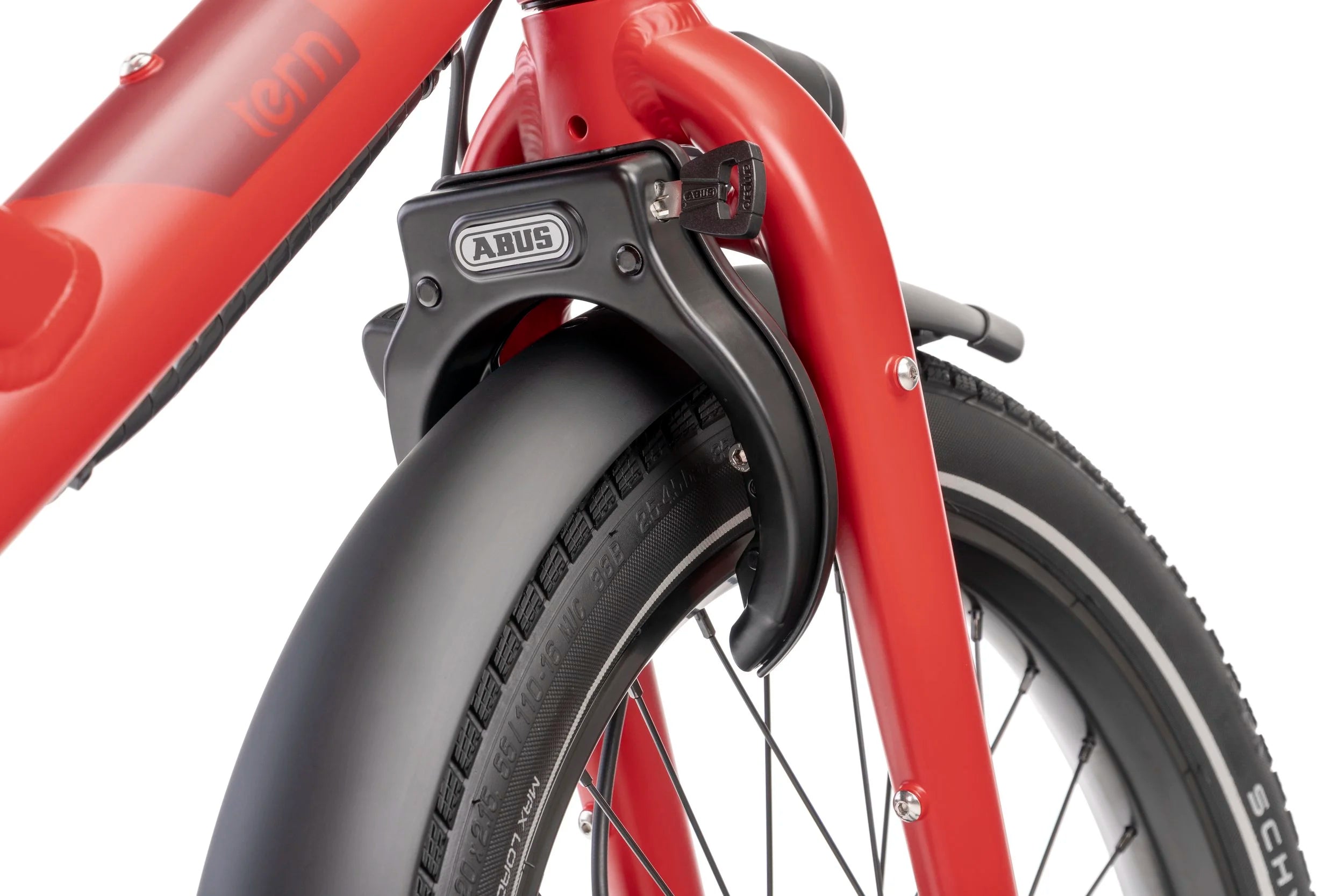 Close-up of a red bicycle with a black fender and ABUS lock on a white background