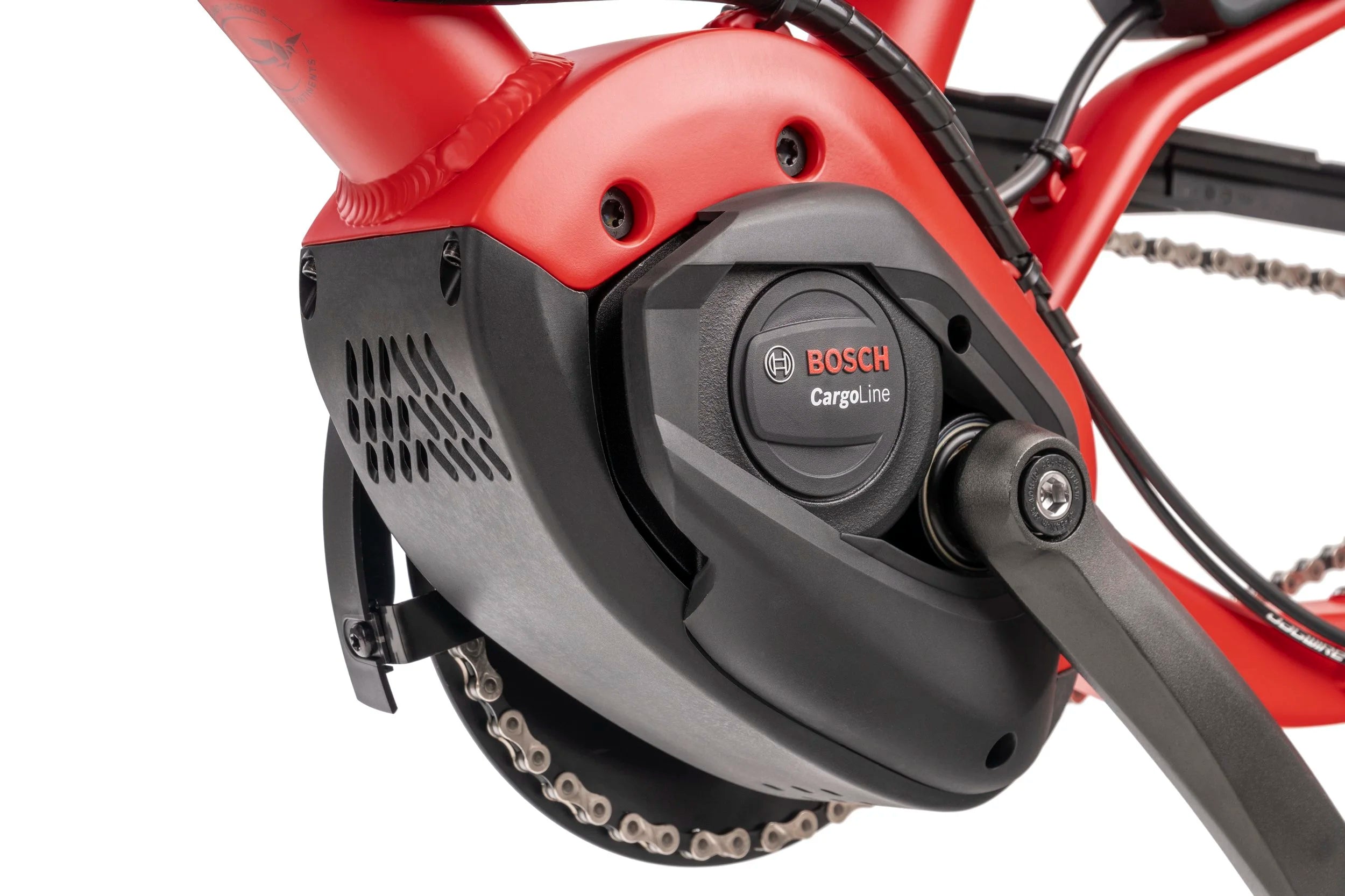Bosch electric bike motor on a red bicycle frame