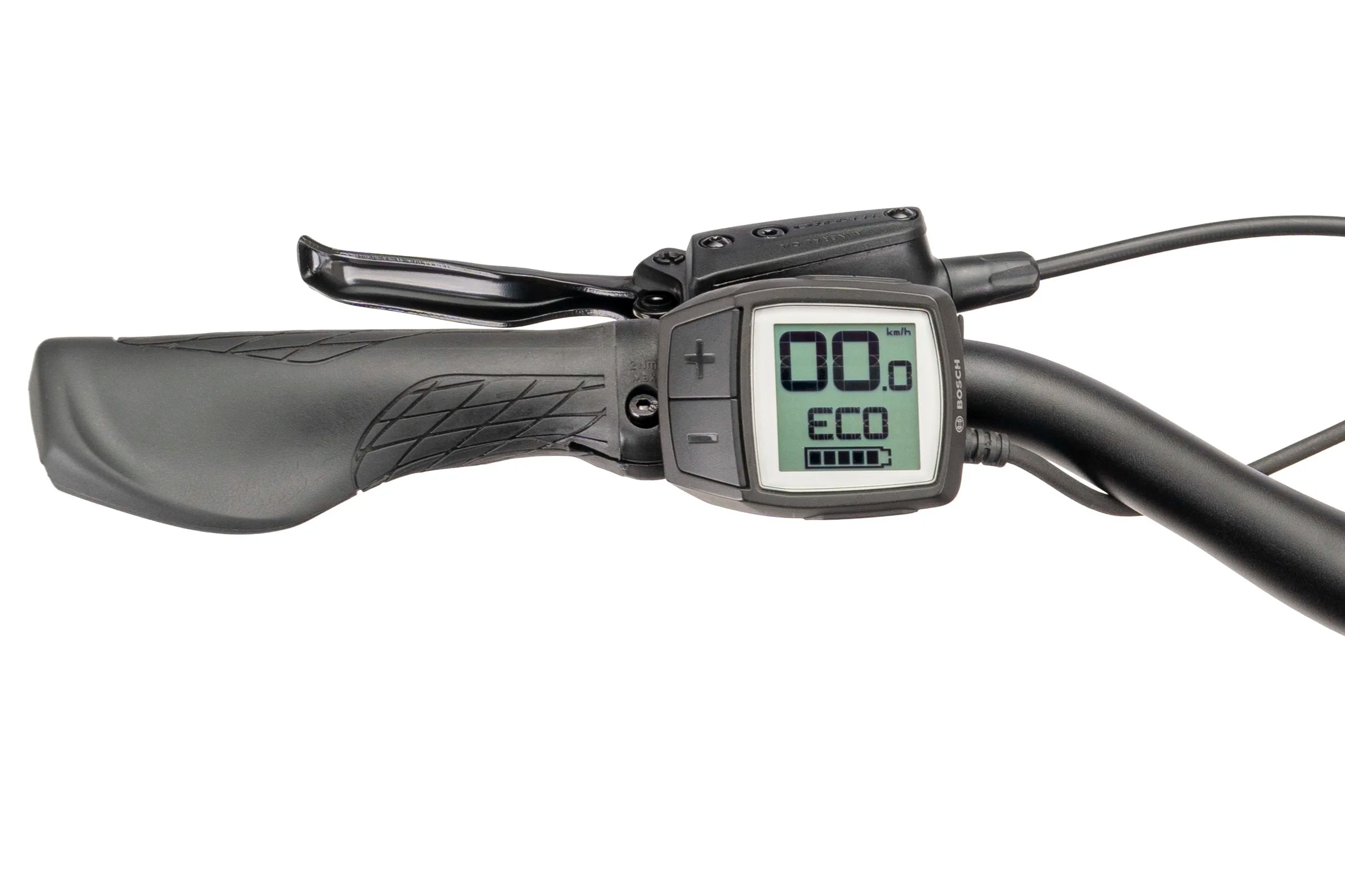 Bicycle handlebar control with digital display on a white background