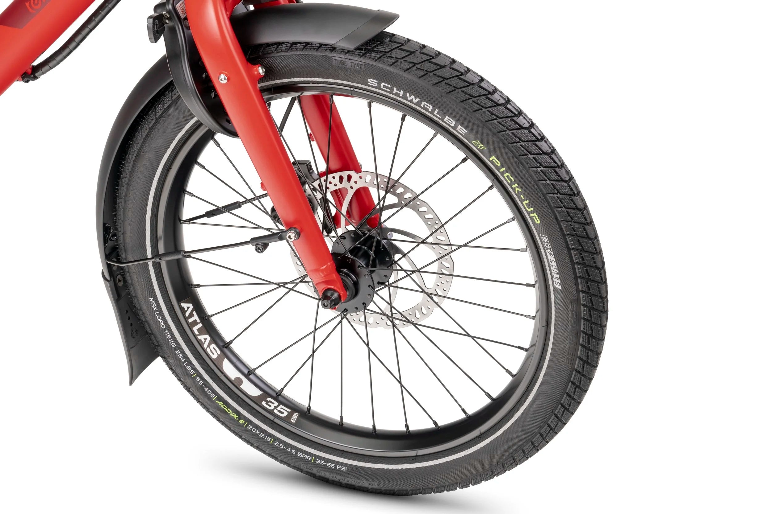 Close-up of a red bicycle wheel with visible branding on a white background