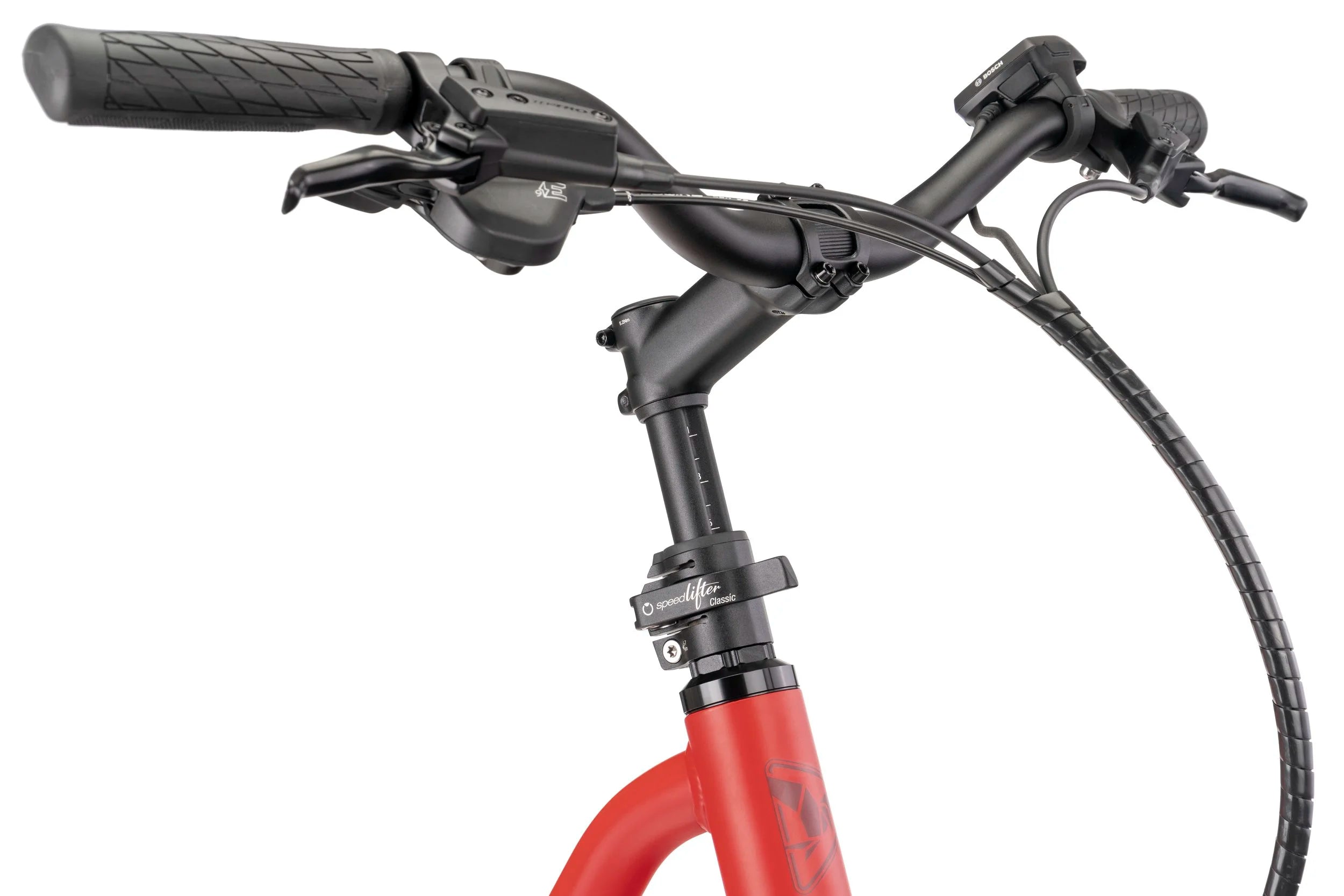 Close-up of a bicycle handlebar with red frame on a white background