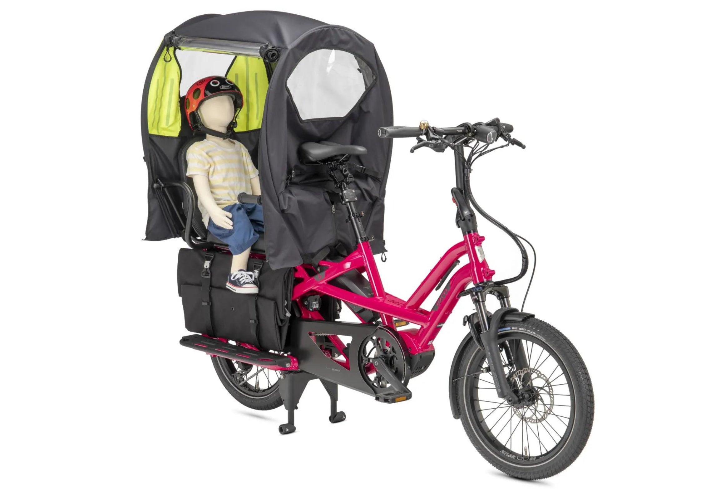 Pink Tern electric bike with a child carrier on a white background