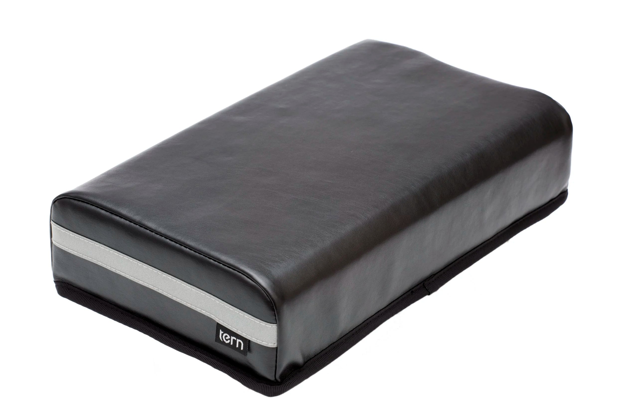 Black cargo bike saddle  pillow with 'tern' branding on a white background