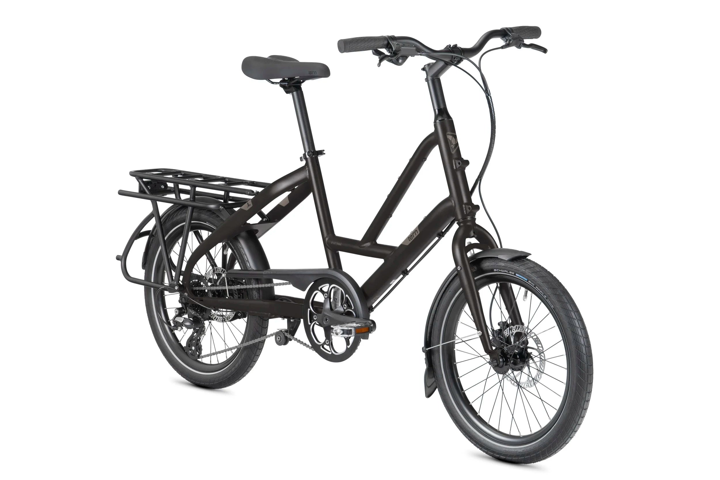 Black Tern electric bike with a rear rack on a white background