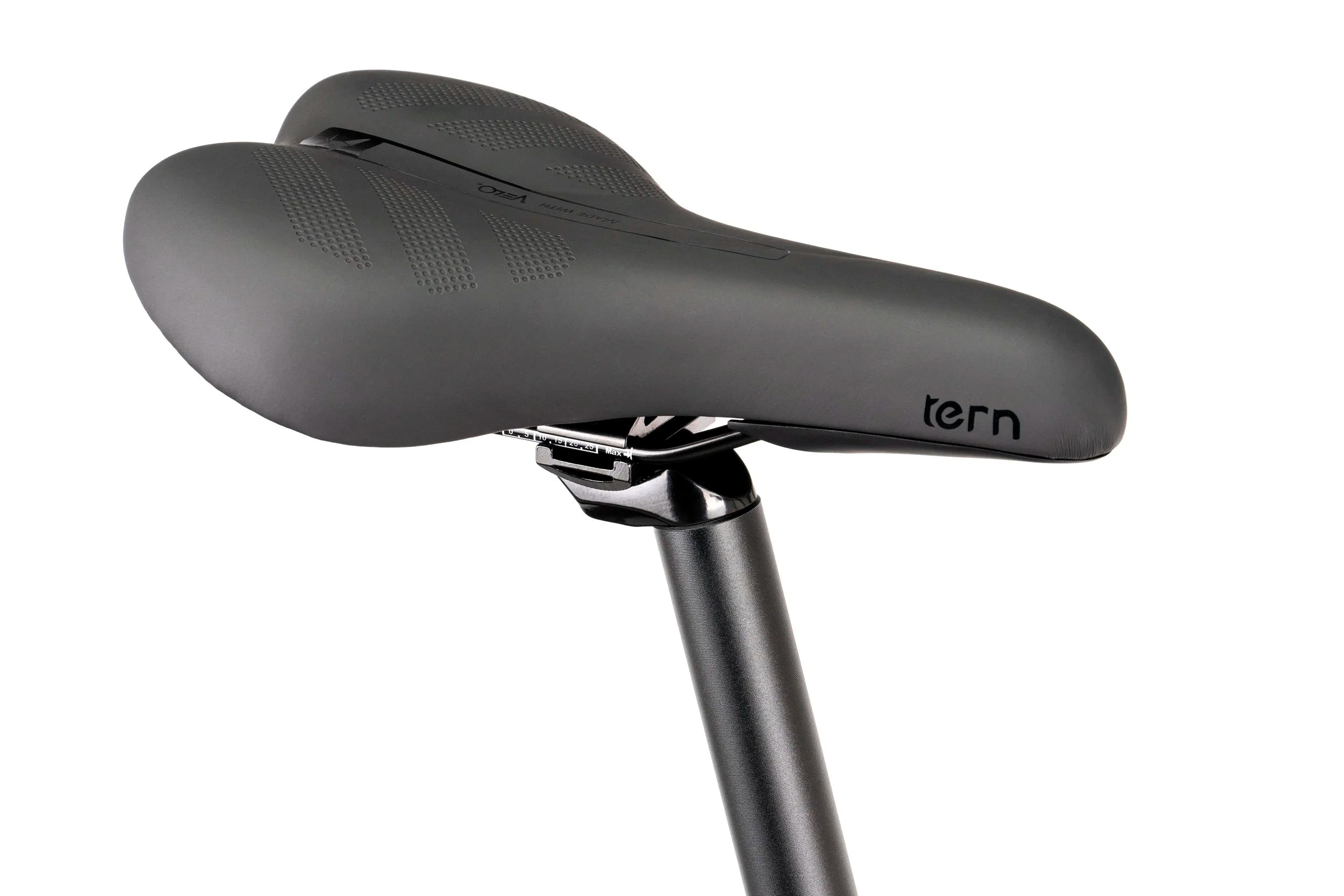 Bicycle saddle with 'tern' branding on a white background