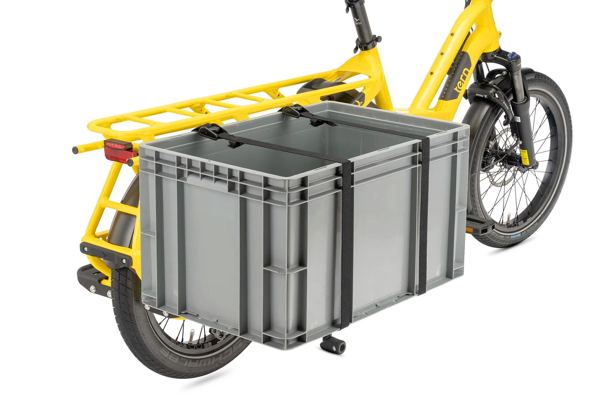 Yellow cargo bike with a gray storage box on a white background