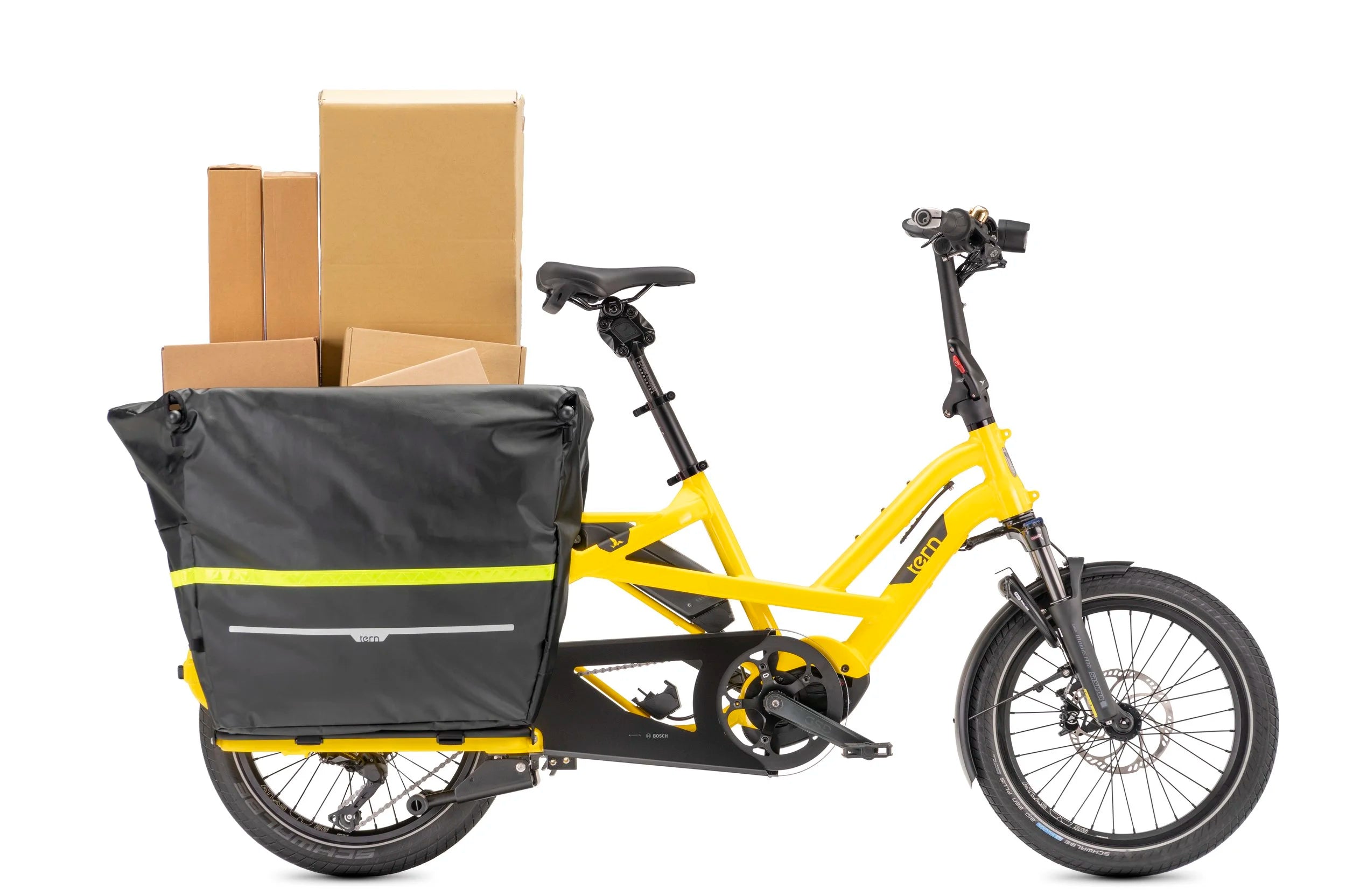 Yellow cargo bike with a black bag and cardboard boxes on a white background
