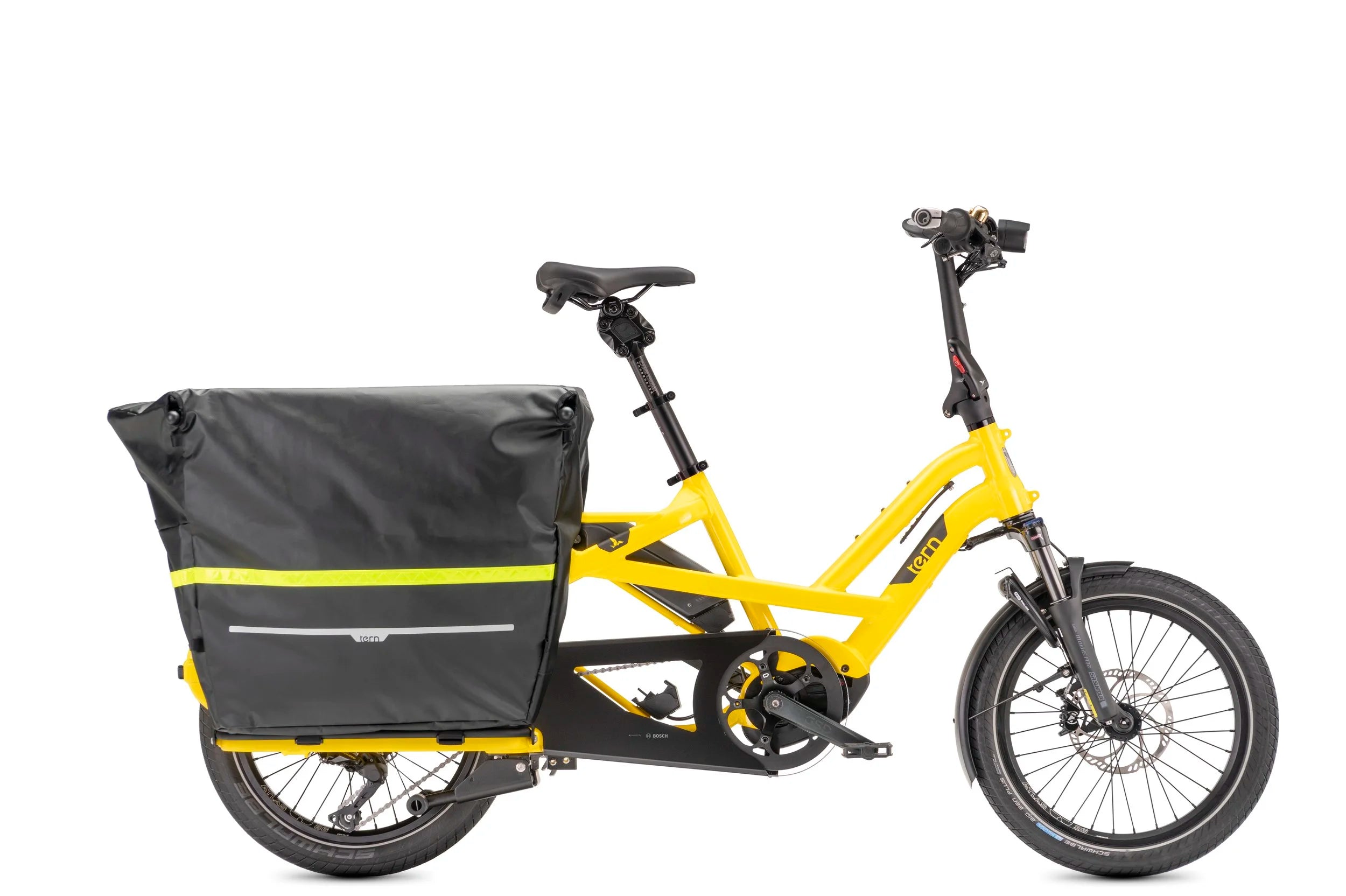 Yellow Tern cargo bike with a big black bag on a white background