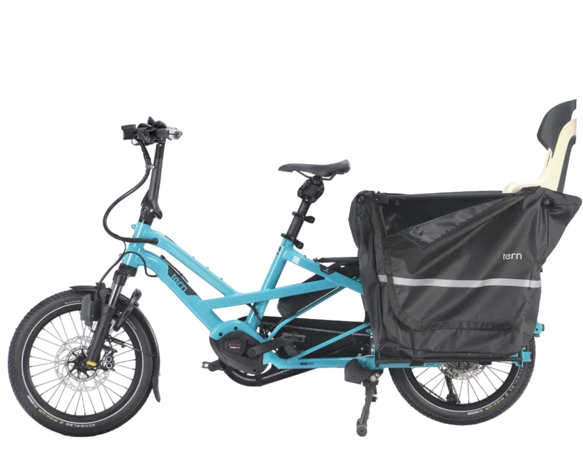 Blue Tern Cargo Electric bicycle with a black storm box and child seat at the back back on the white background.
