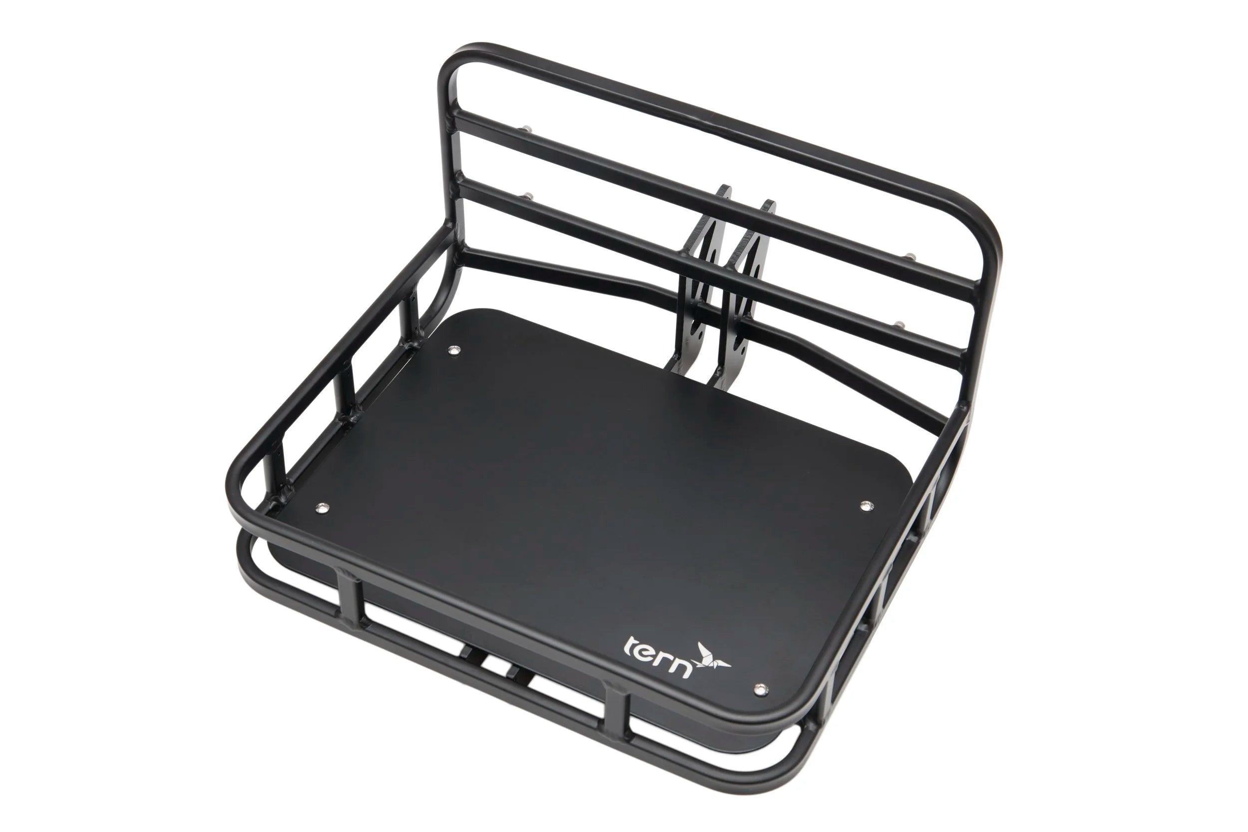 Black metal bike cargo rack with Tern logo on a white background