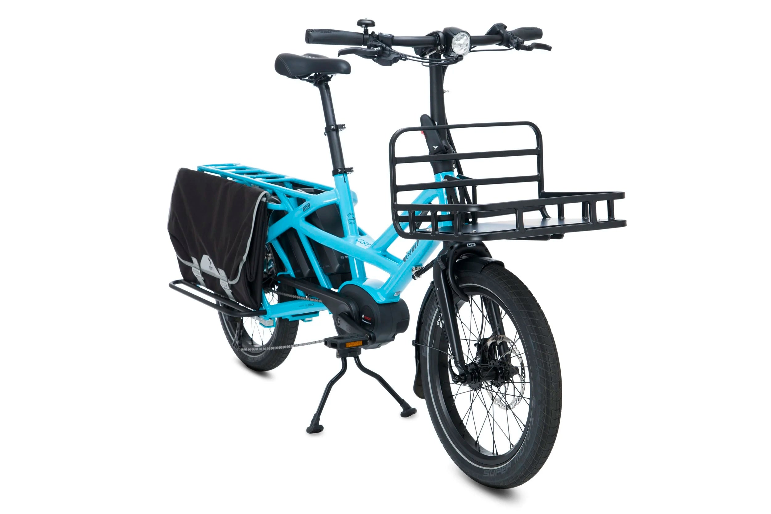 Blue cargo bike with black front cargo rack on a white background
