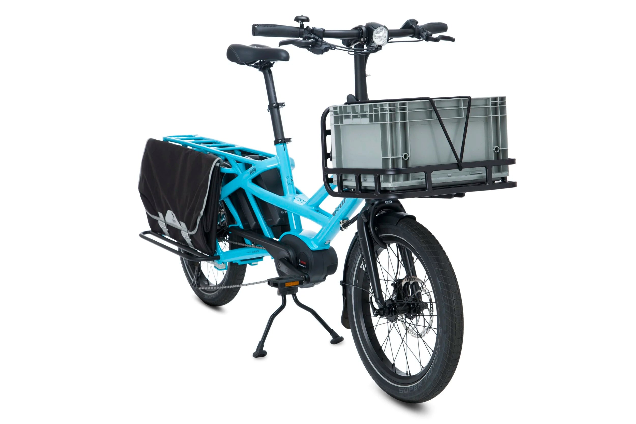 A Tern cargo bike with a front cargo rack and a storage box attached.