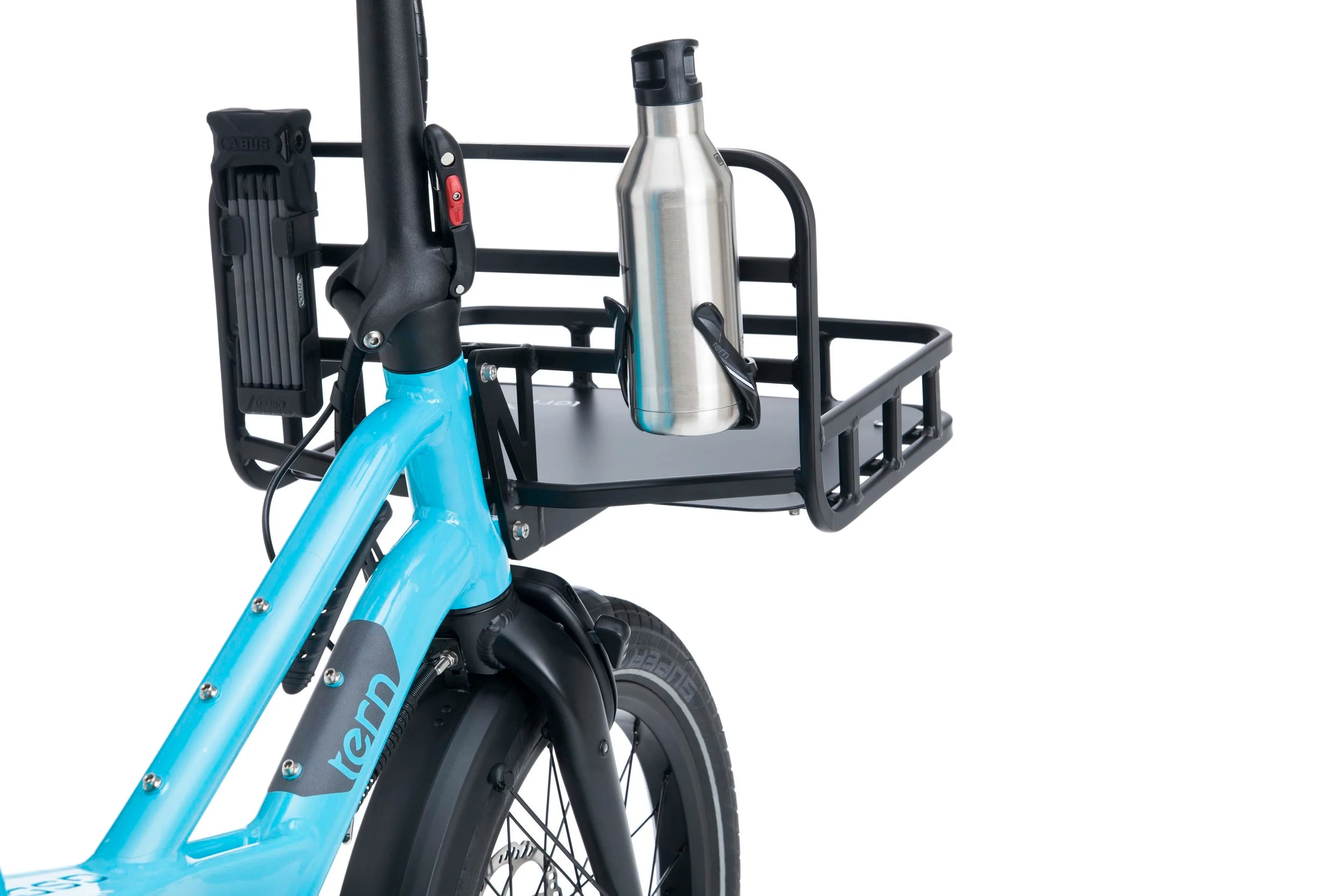 A Tern cargo bike's front in a clode-up image with a water bottle attached tot he front rack.