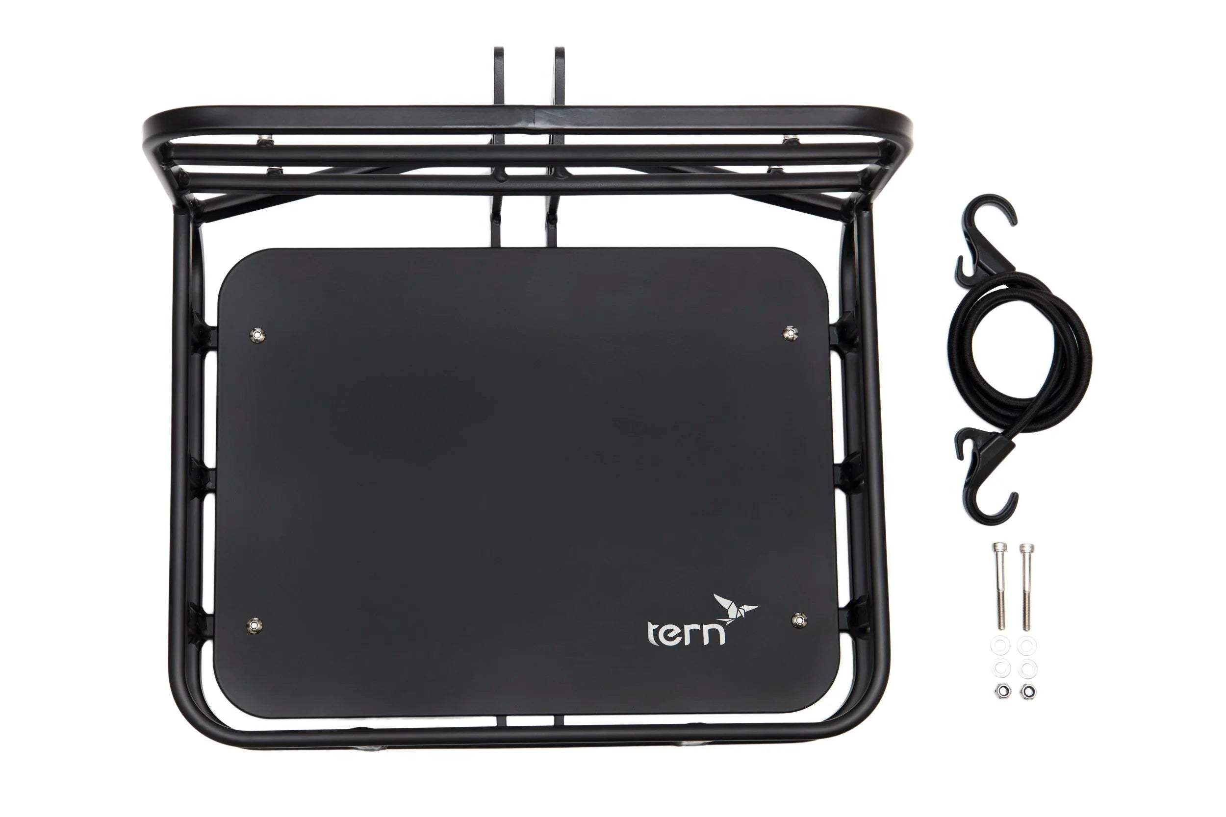 Black bike cargo rack with accessories on a white background, featuring the Tern brand.