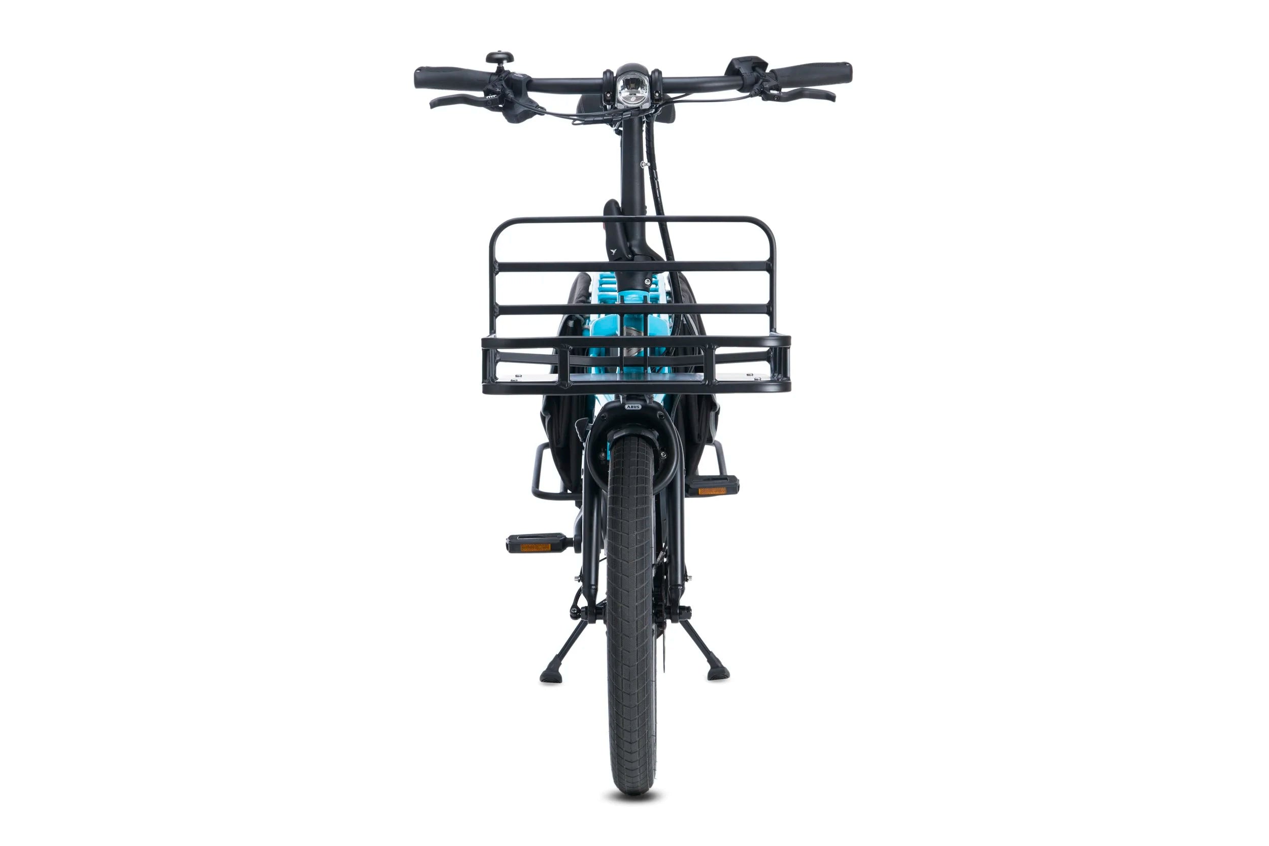 Front view of a Tern cargo electric bicycle with a black front rack mounted.
