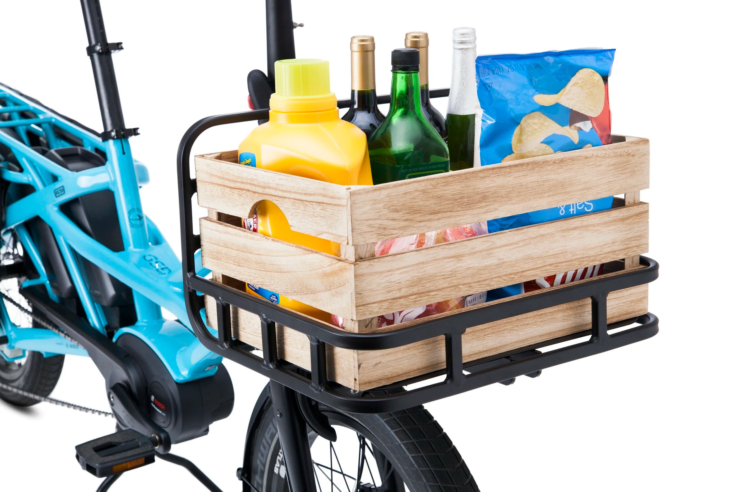 Bicycle with a wooden crate carrying groceries on a white background