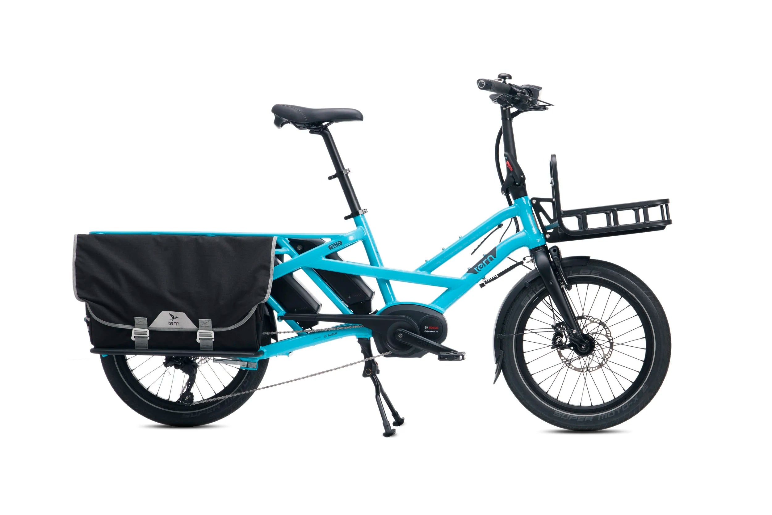 Blue cargo bike with black accessories on a white background