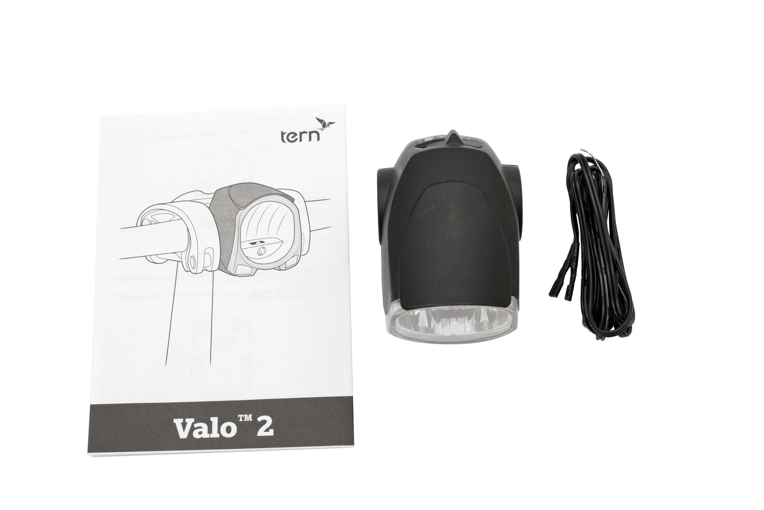 Black bike light with packaging labeled 'Valo 2' by tern on a white background