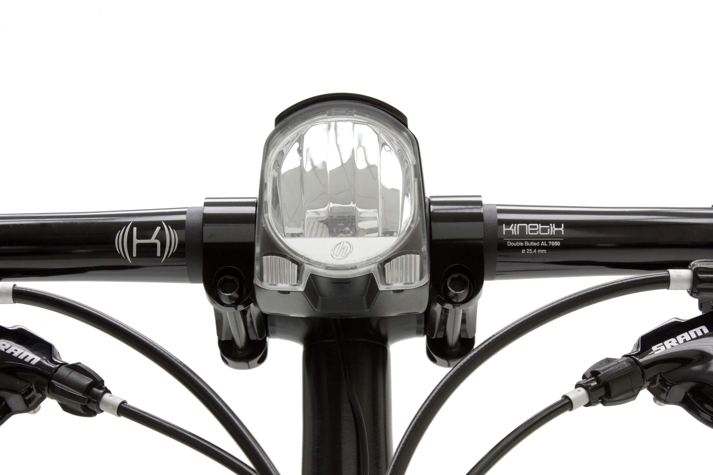 Bicycle handlebar with a light attachment on a white background
