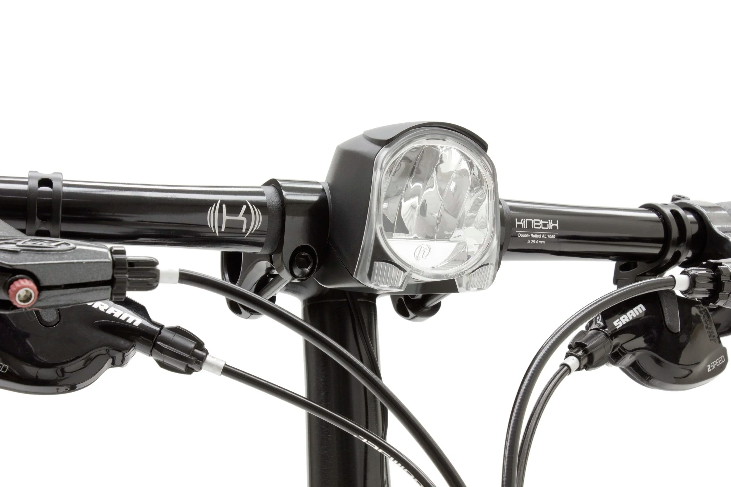 Bicycle handlebar with light and brake lever on a white background