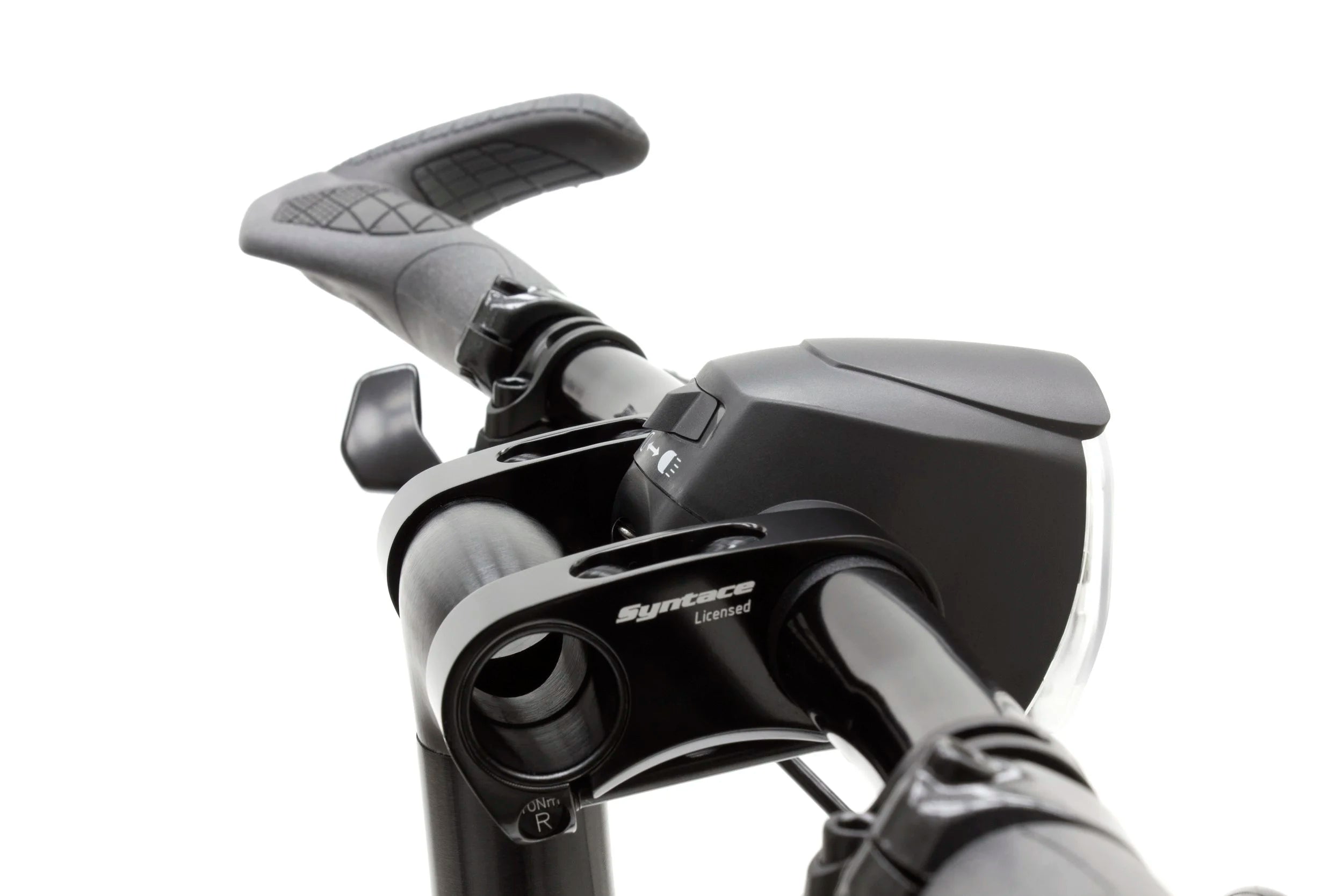 Close-up of a bicycle handlebar with Syntace logo on a white background