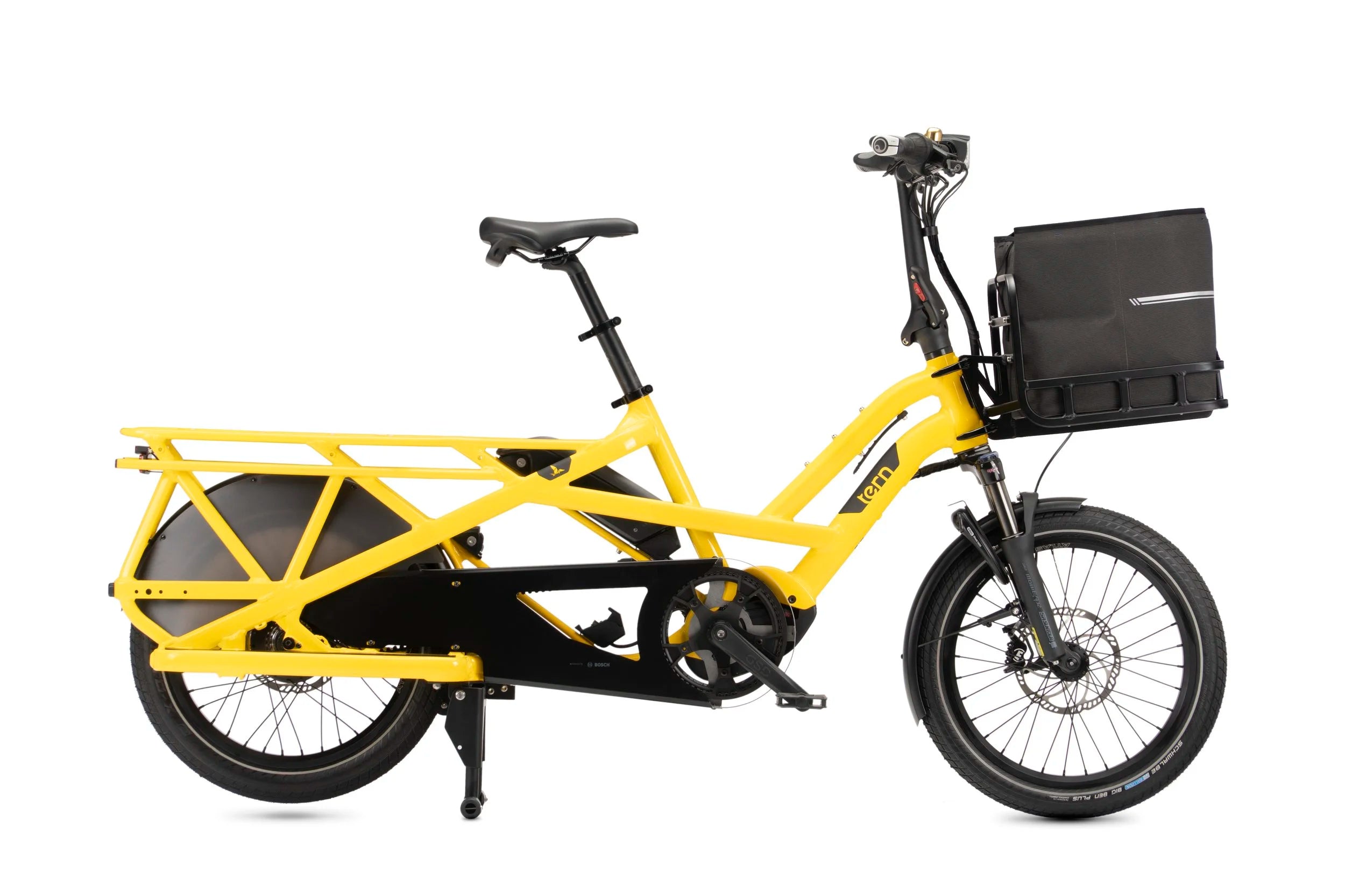 Yellow cargo bike with a black basket on a white background