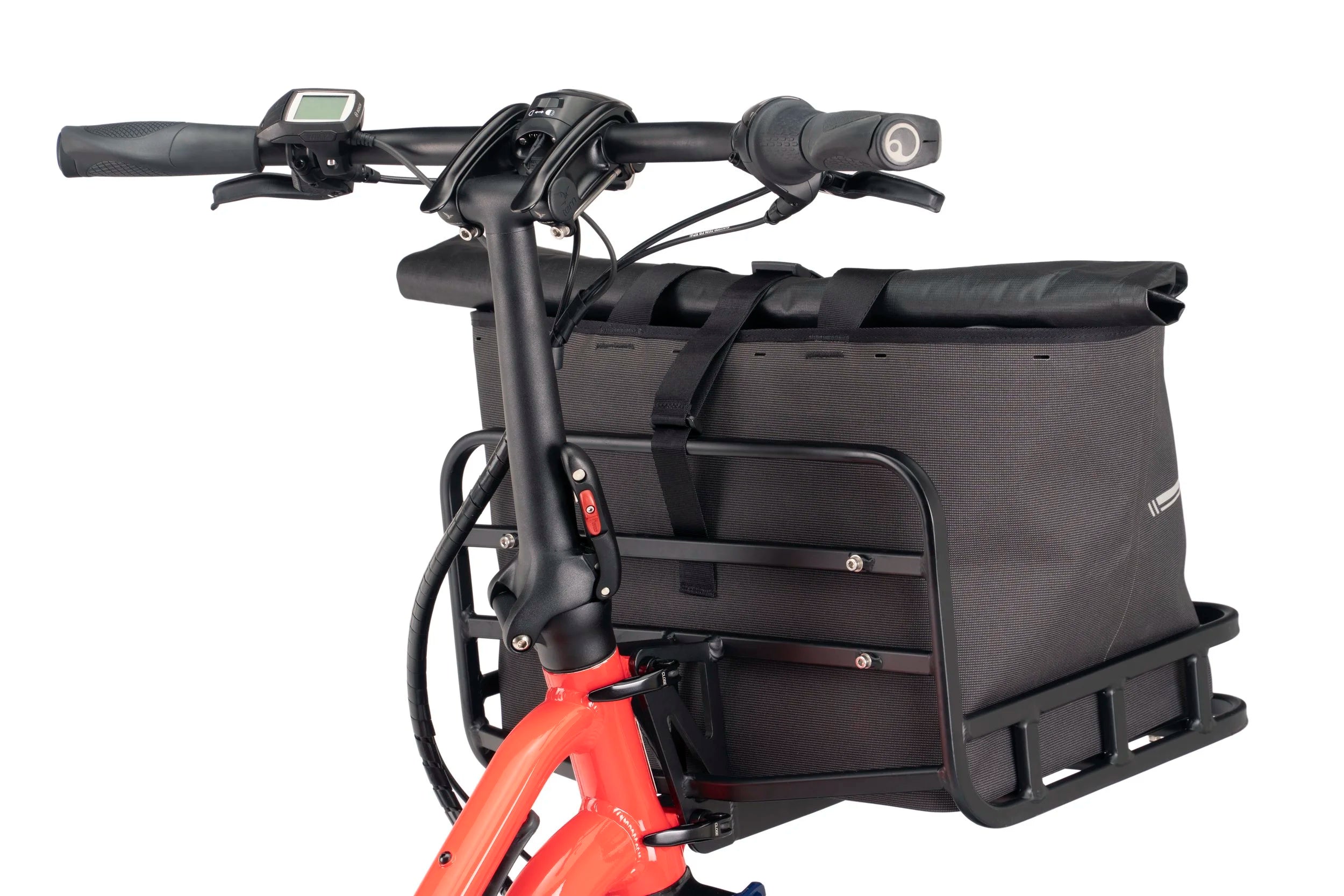 Bicycle with a black front storage bag on a white background