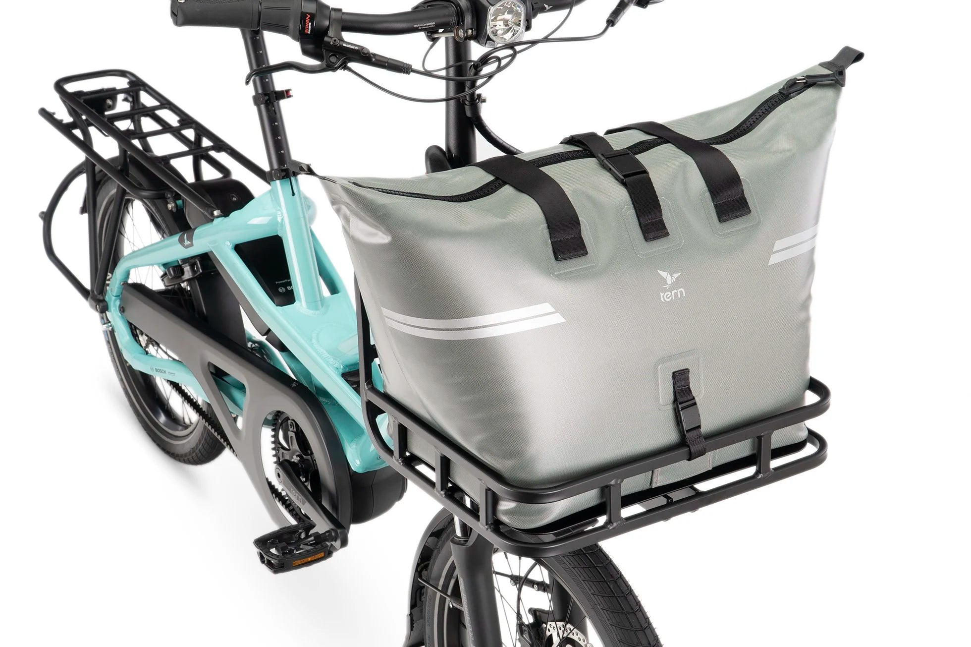 Bicycle with a gray bag attached to the front rack on a white background