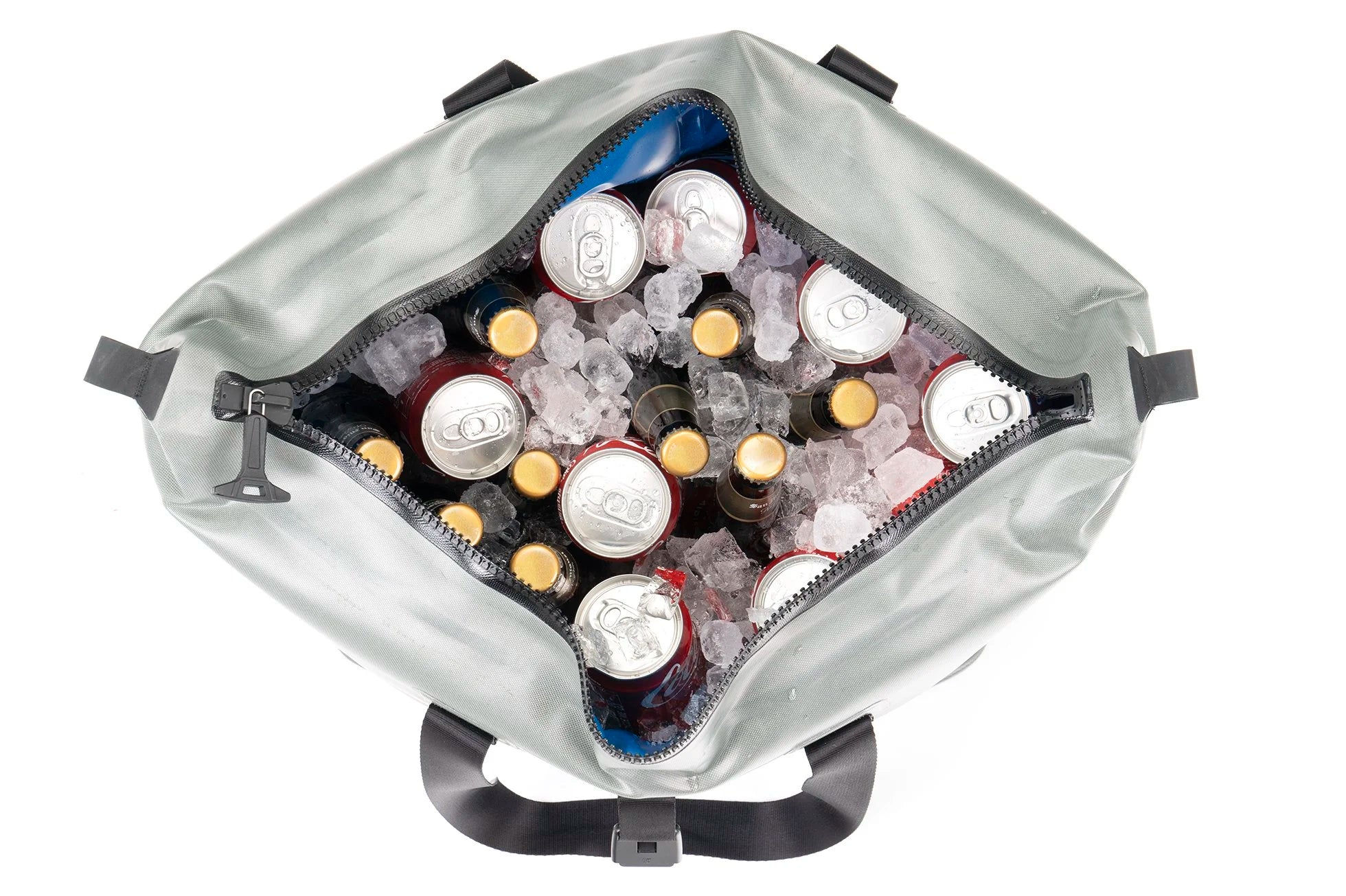 Insulated cooler pannier bag with drinks on a white background