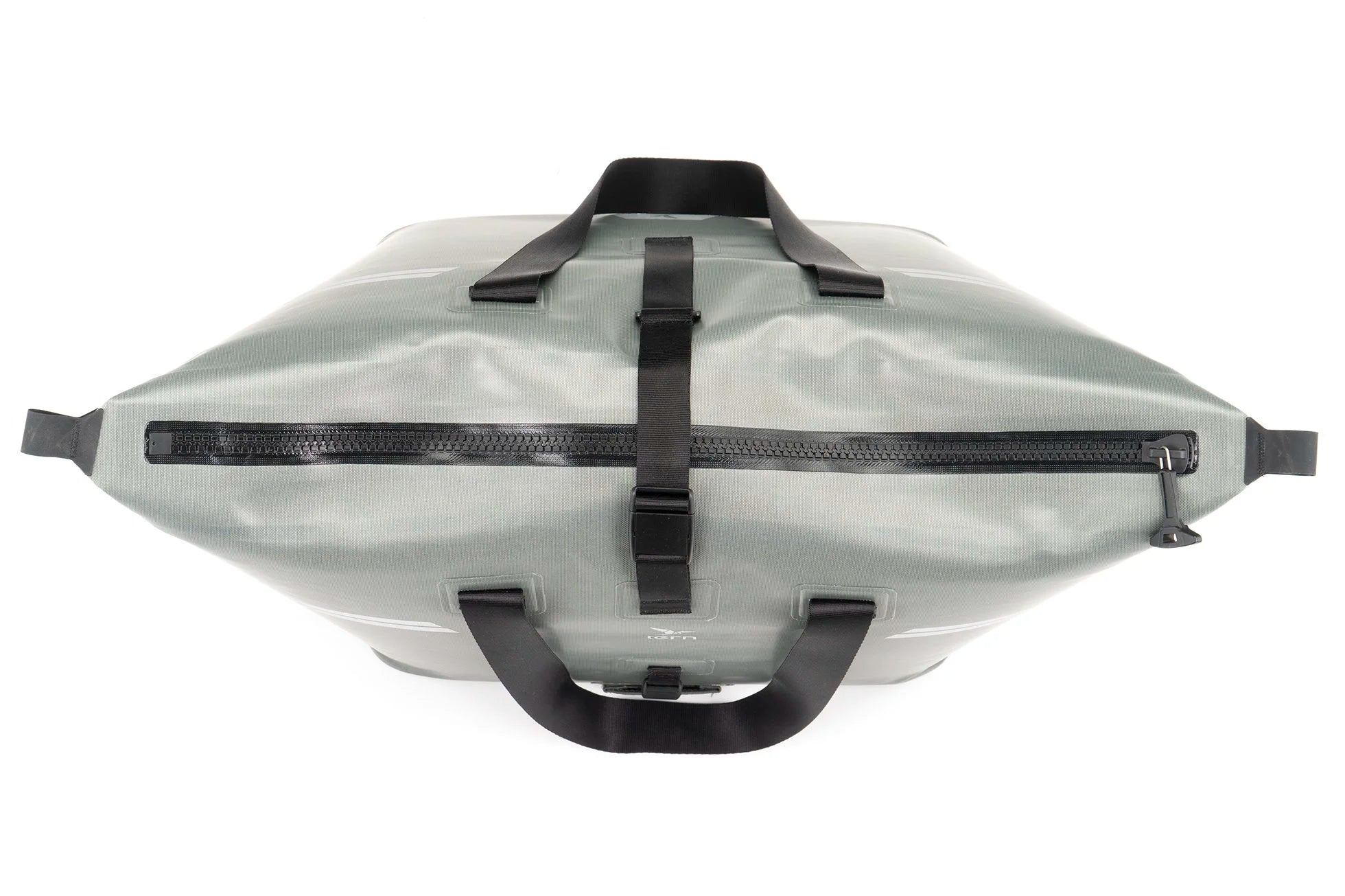 Gray pannier bag with black straps on a white background