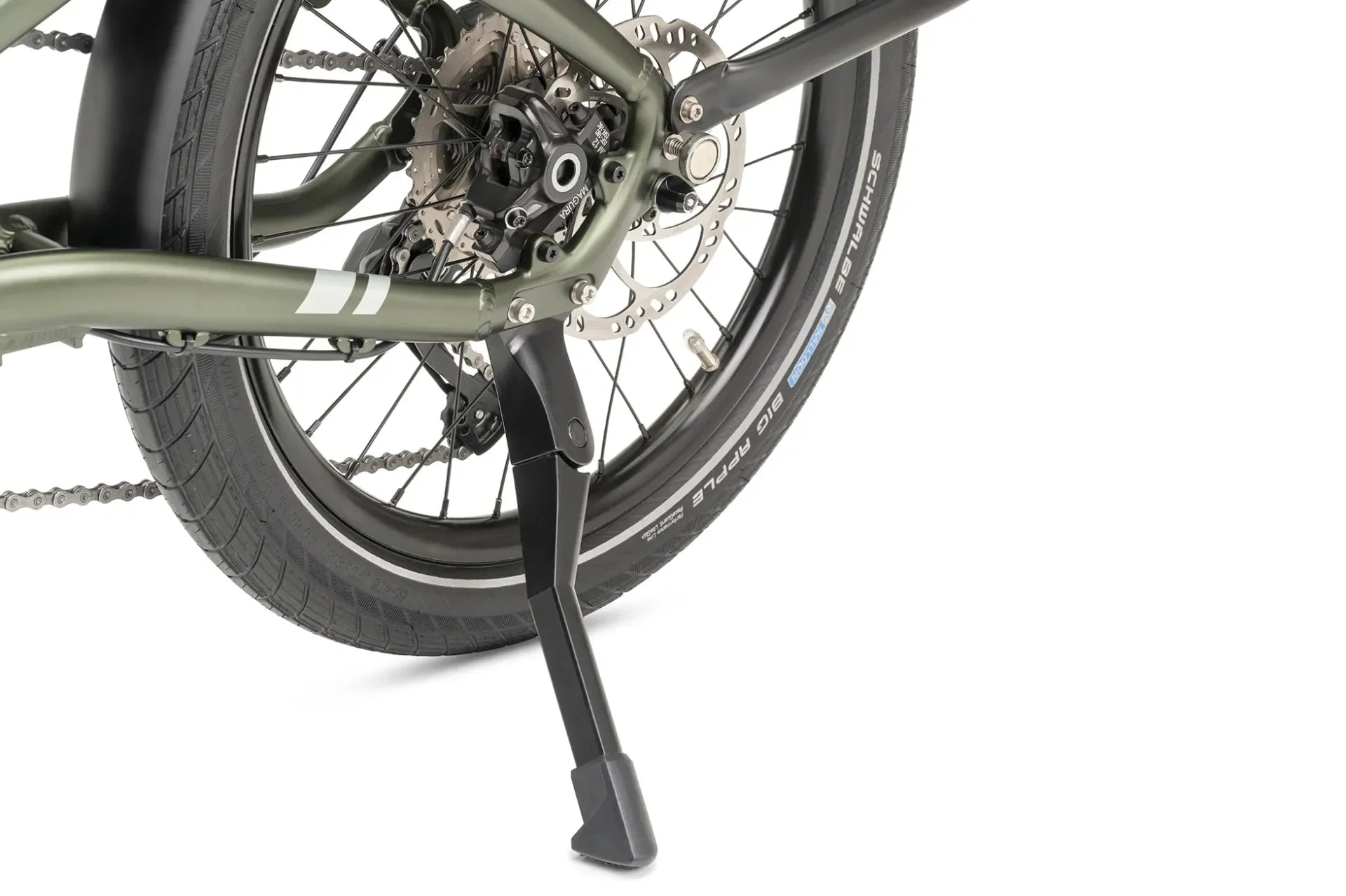Close-up of a Tern bicycle rear wheel with a kickstand on a white background