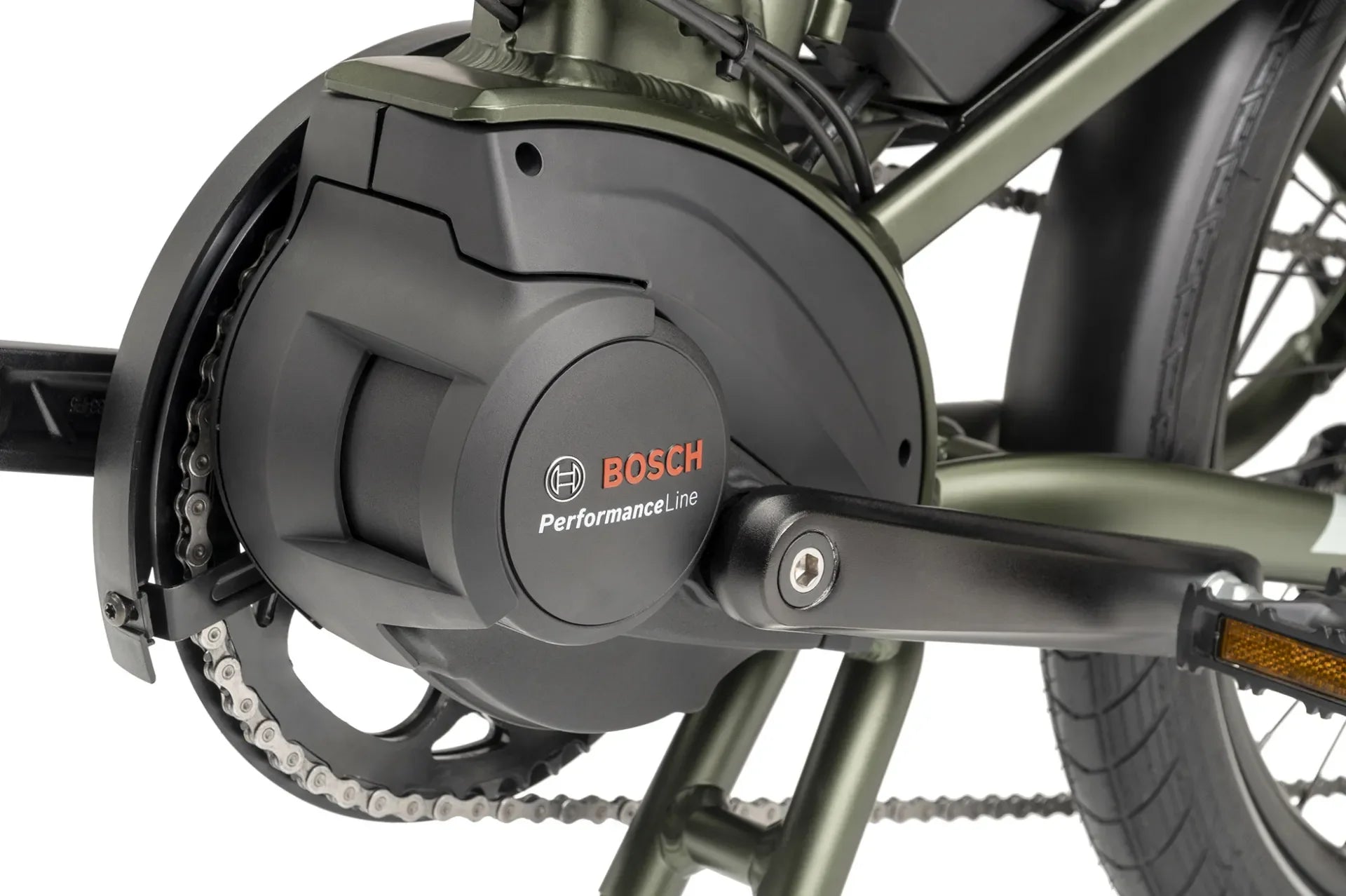 Bosch Performance Line motor on a Tern bicycle frame with a white background