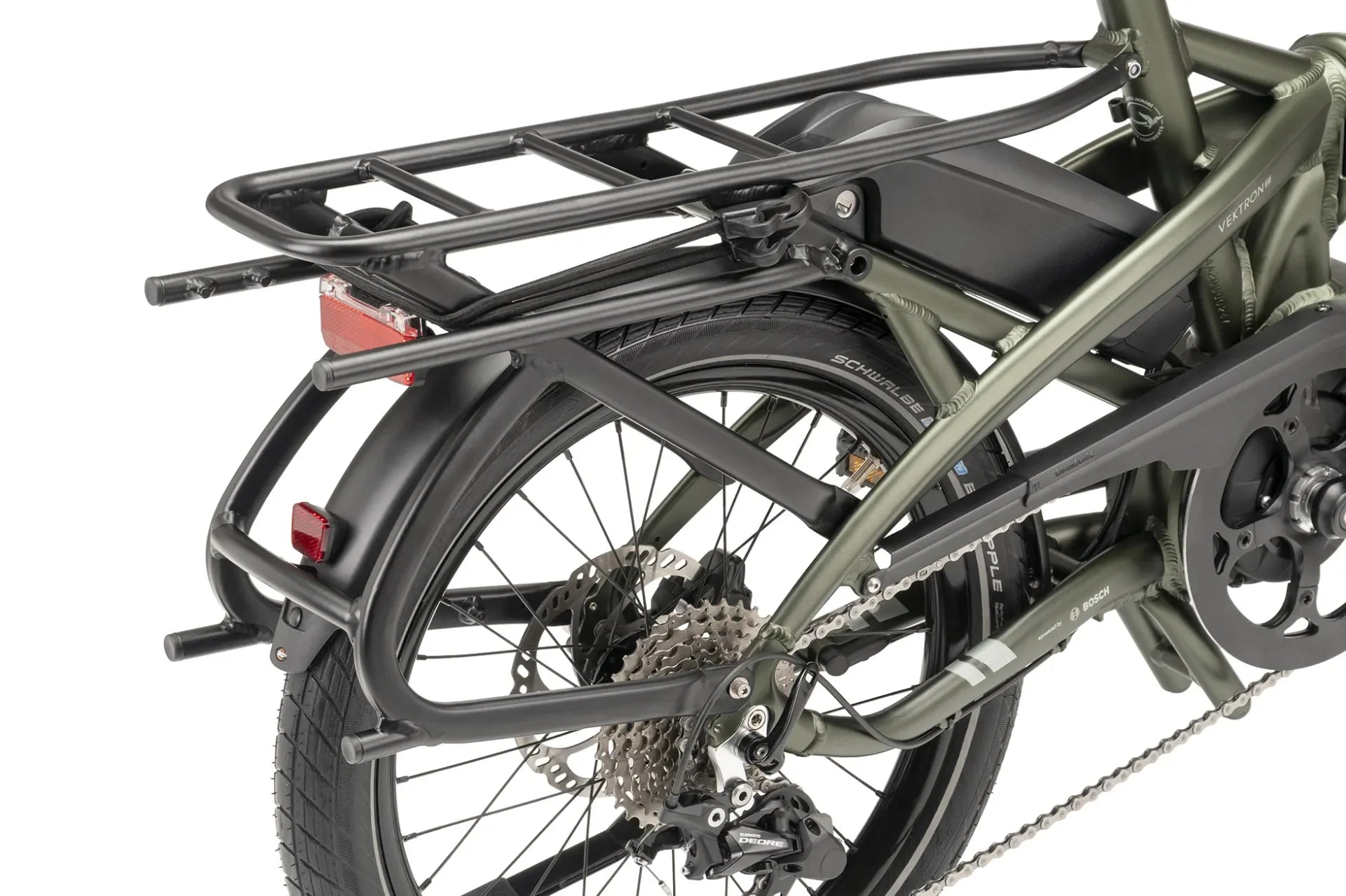 Green cargo bike with a black rack on a white background