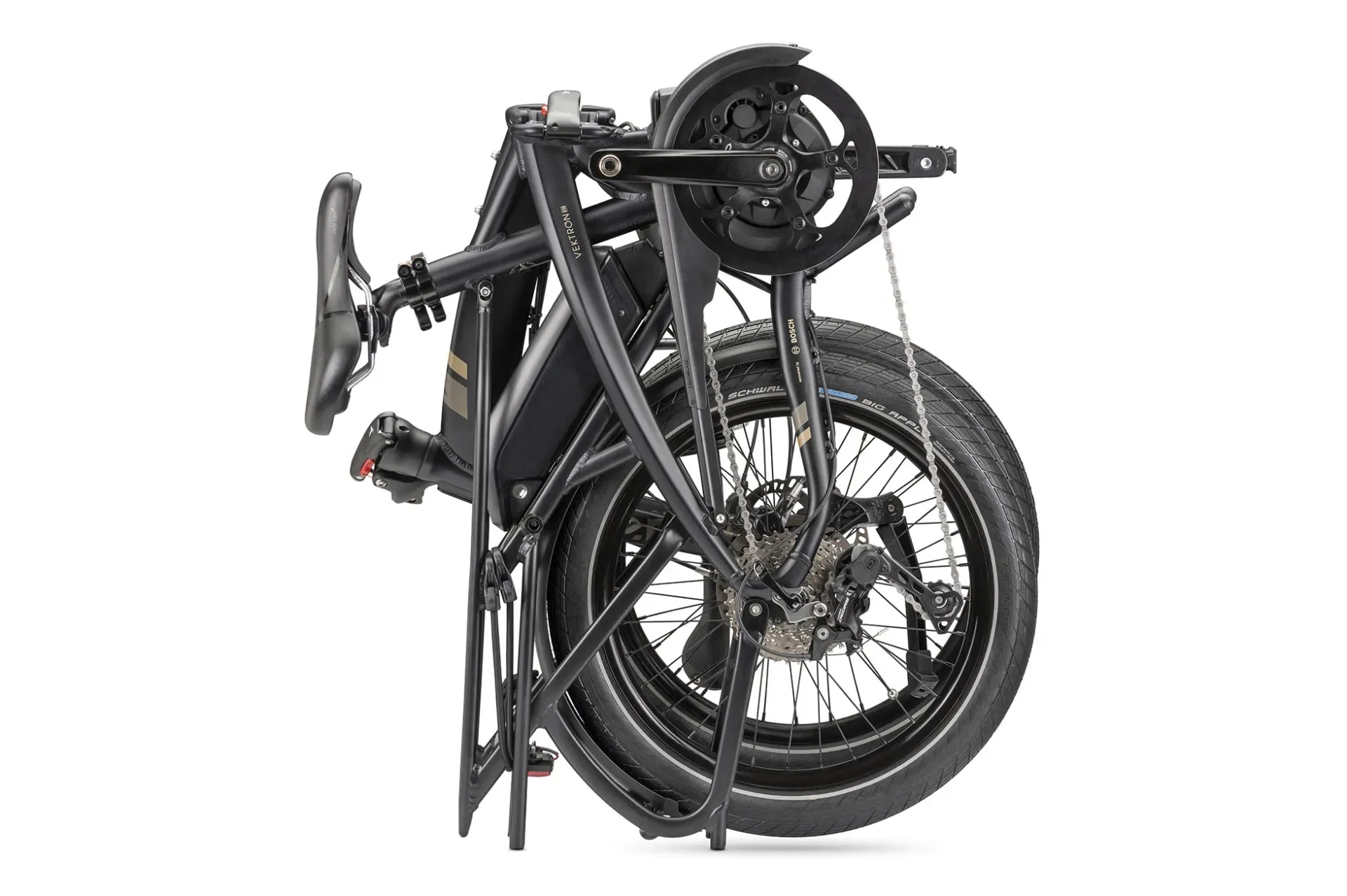 Black folding electric bike on a white background.
