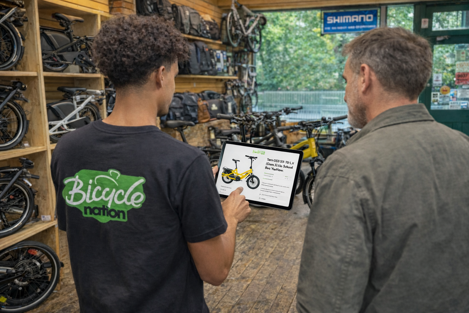 Two people in a bicycle shop with one holding a tablet displaying a product image.
