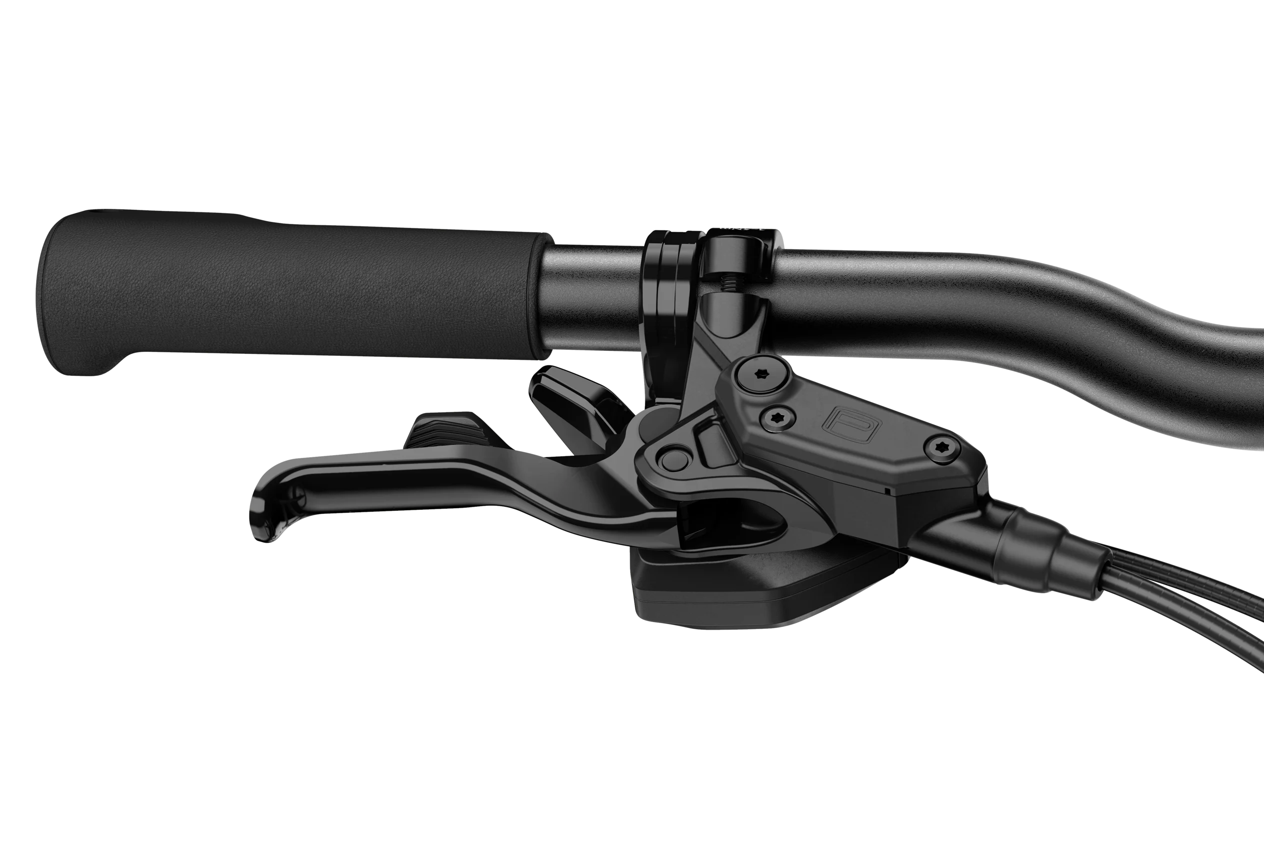 Close-up of bicycle handlebars with black grips and brake lever on a white background