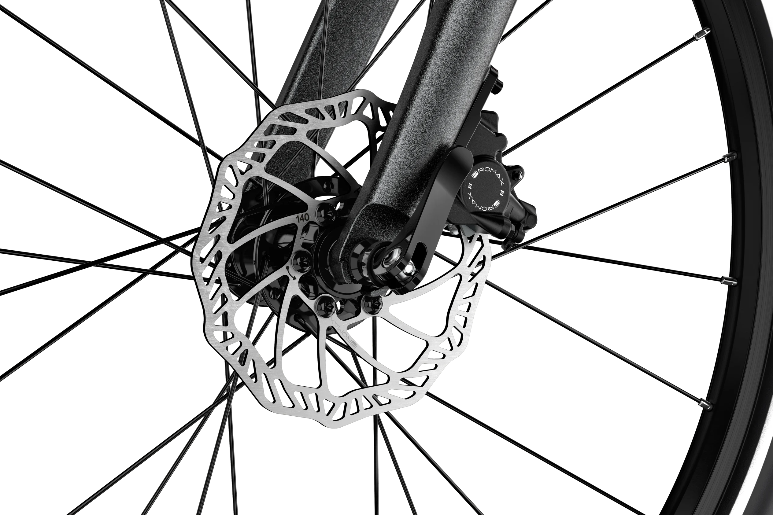 Close-up of a bicycle wheel with disc brake system on a white background
