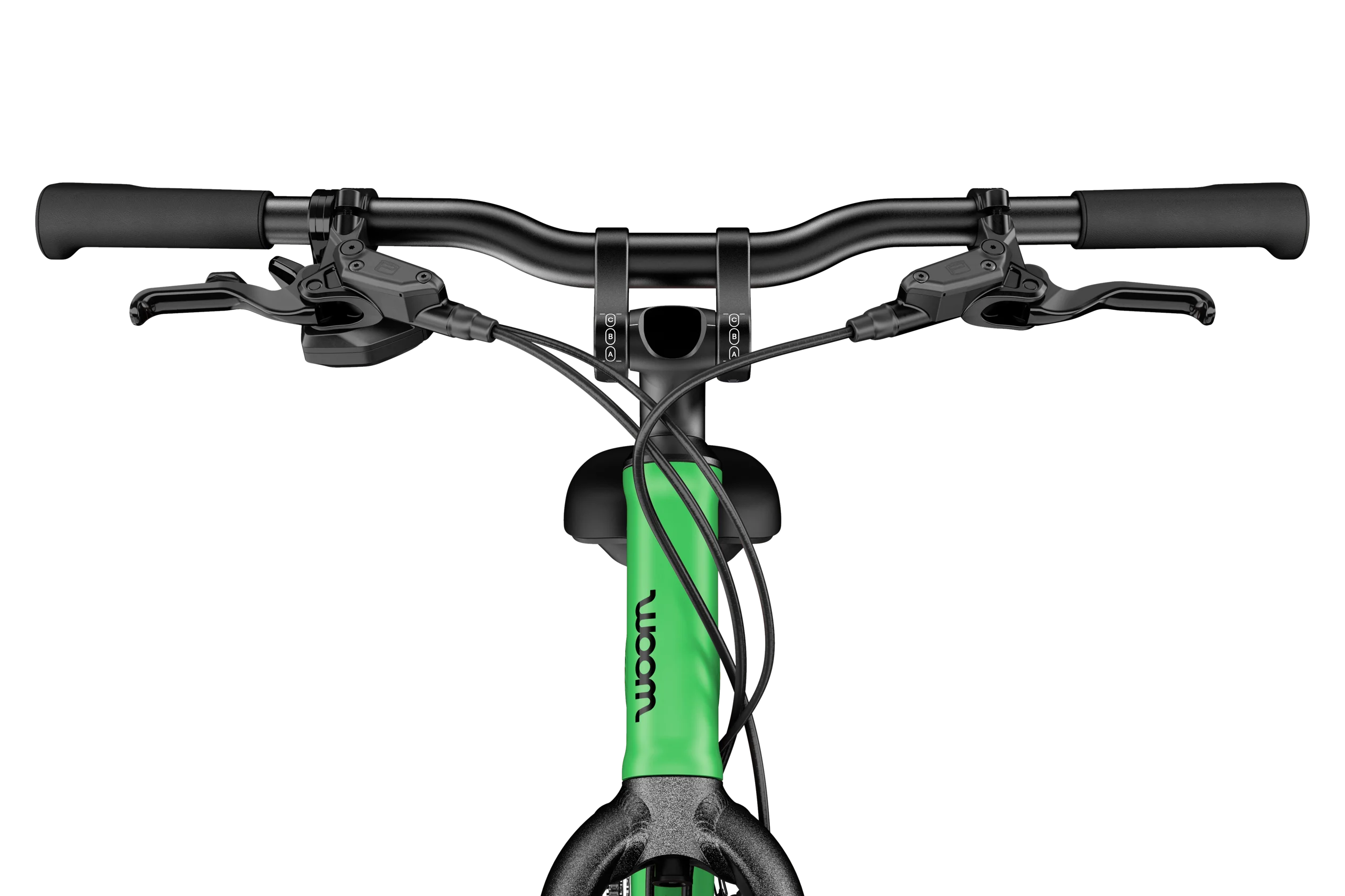 Close-up of a bicycle handlebar with a green frame on a white background