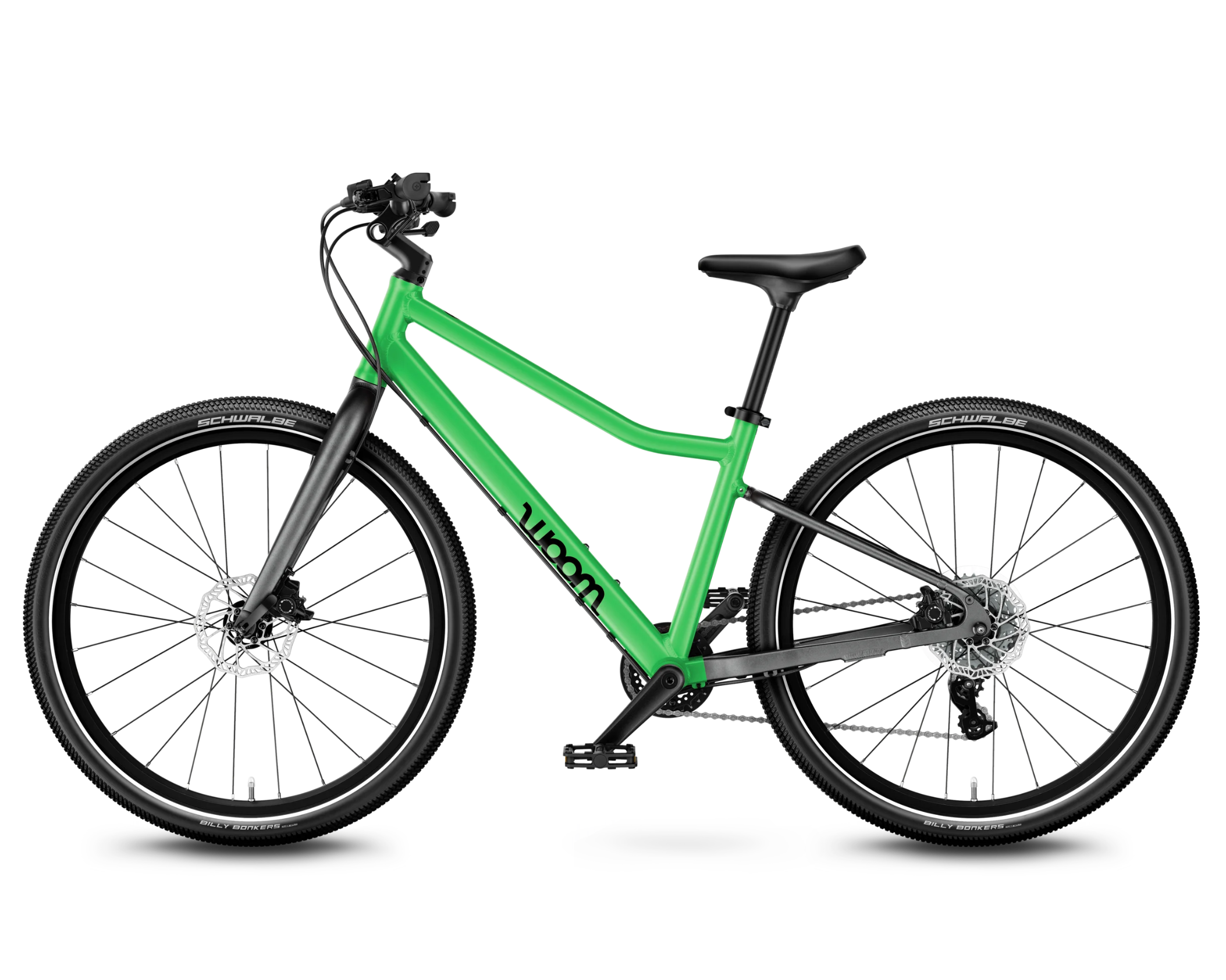 Green Woom Explore 5 bicycle with a black frame and tyres on a white background