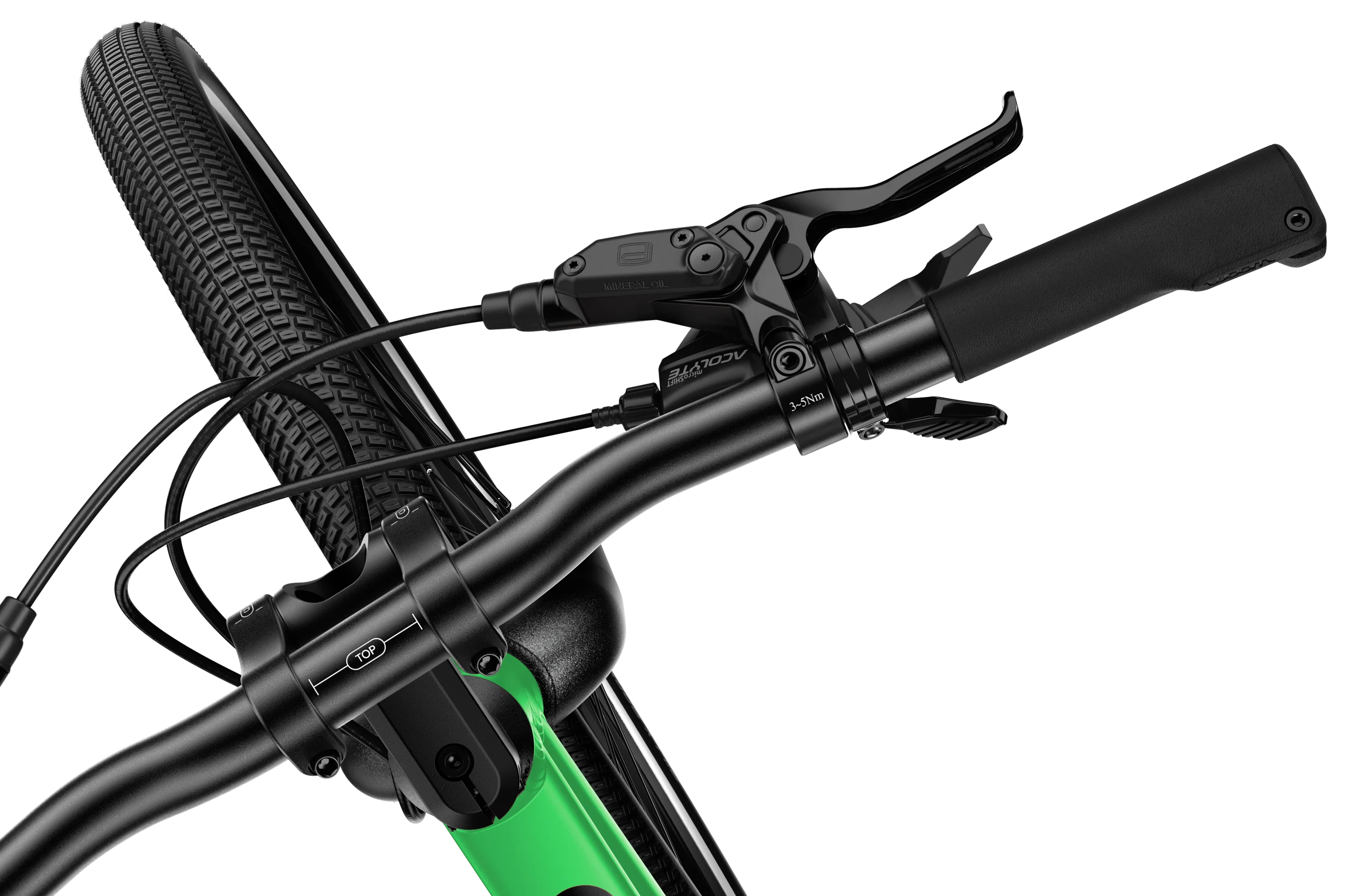 Close-up of a bicycle handlebar with black grips and brake levers on a white background