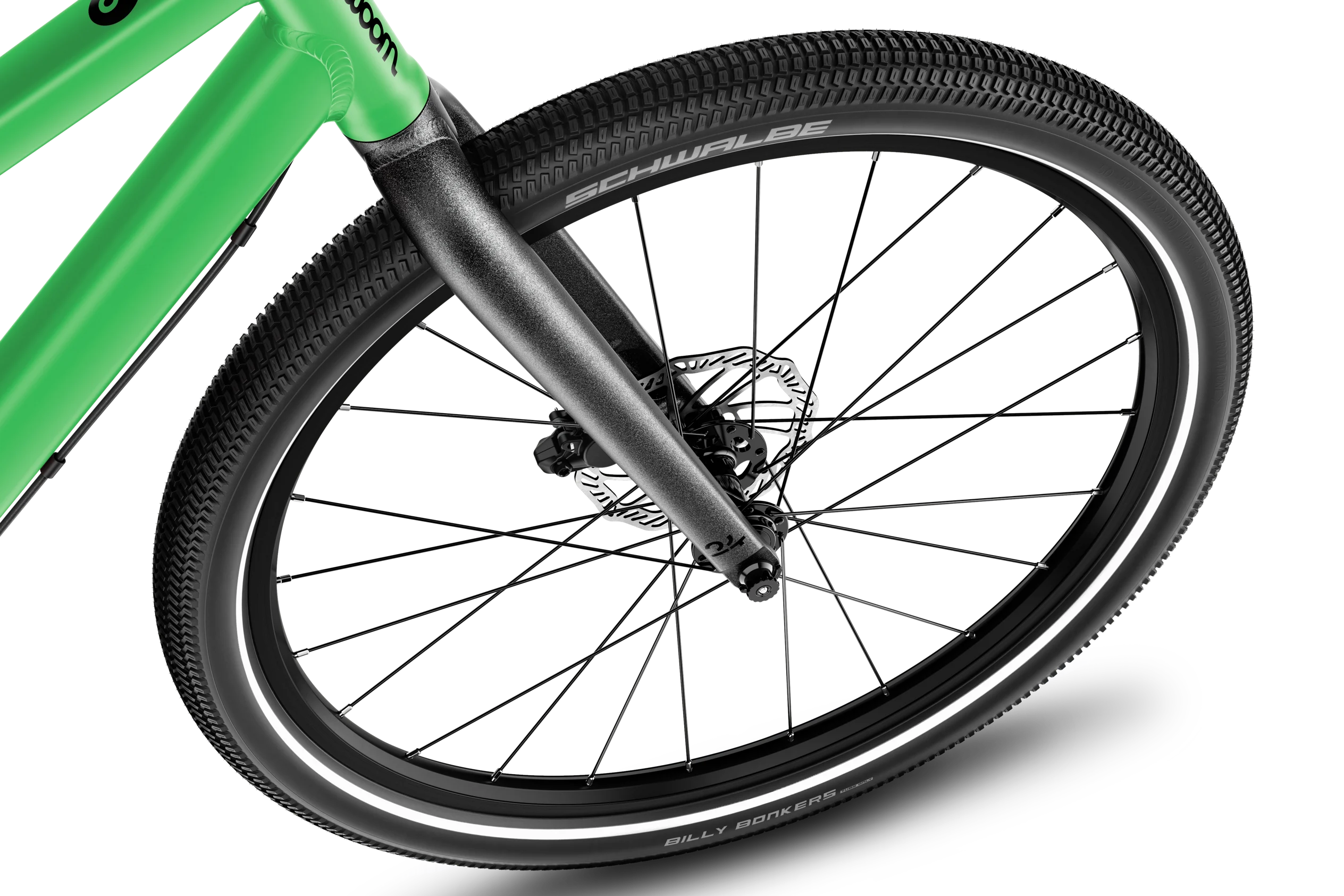 Close-up of a bicycle wheel with a green frame on a white background