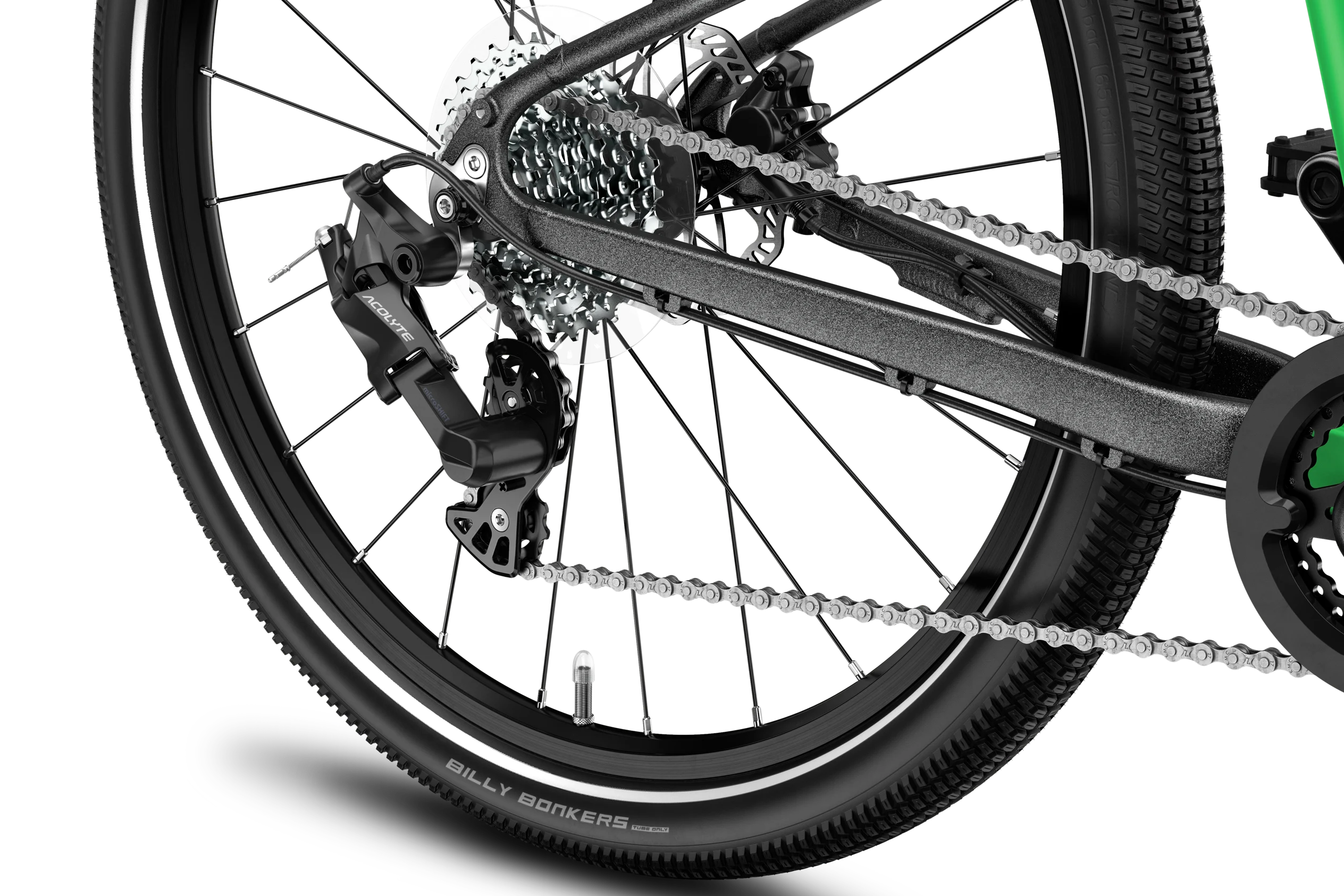 Close-up of a bicycle chain and gear system on a white background