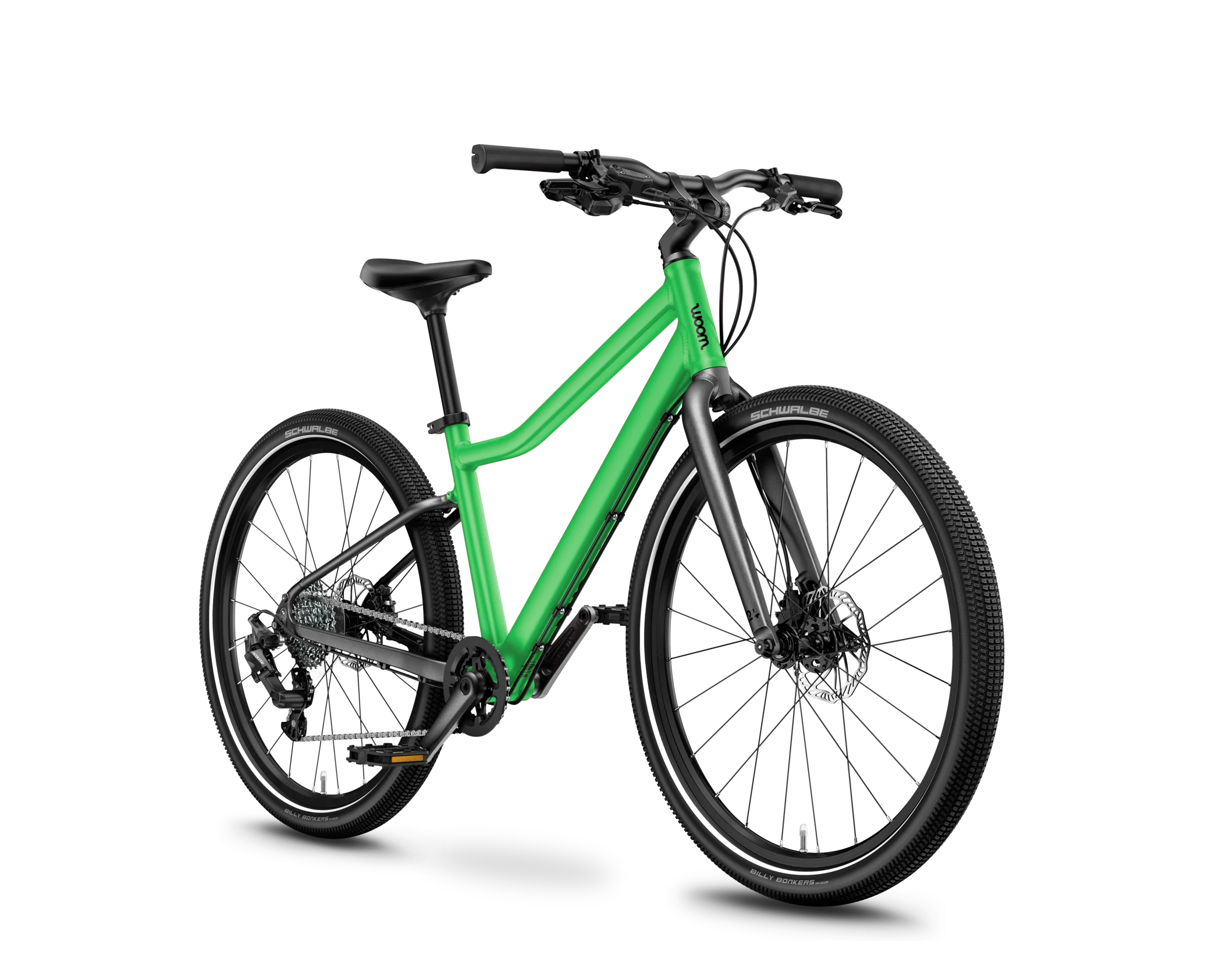 Green Woom Explore 5 bicycle on a white background