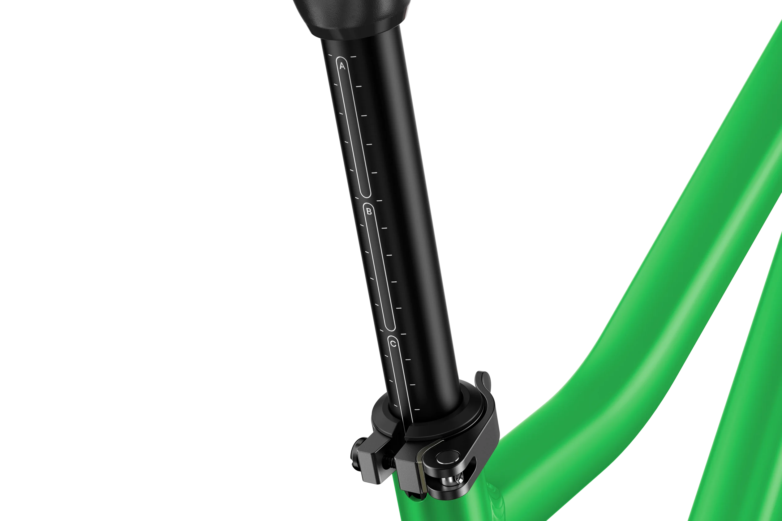 Close-up of a bicycle seat post with a green bike frame on a white background