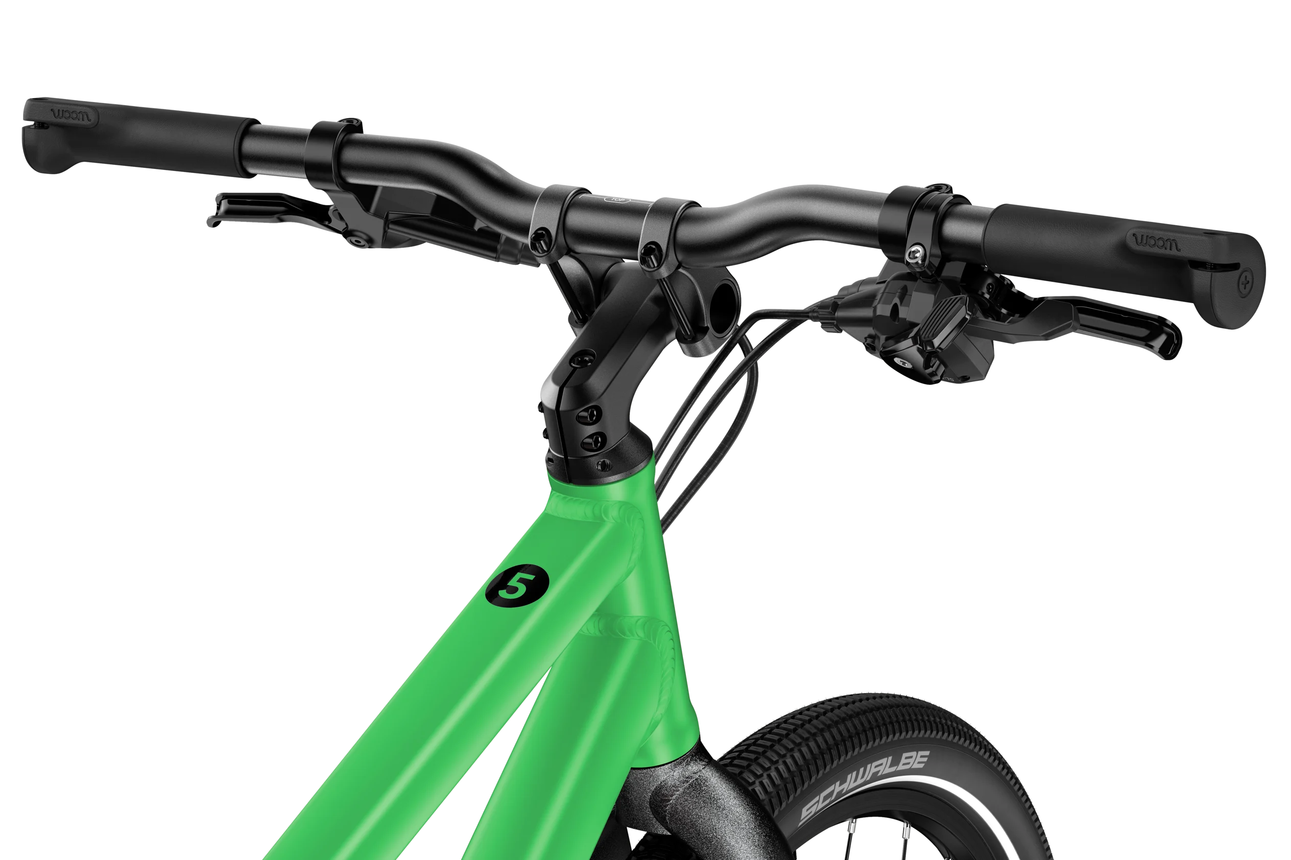 Close-up of a green bicycle with black handlebars on a white background