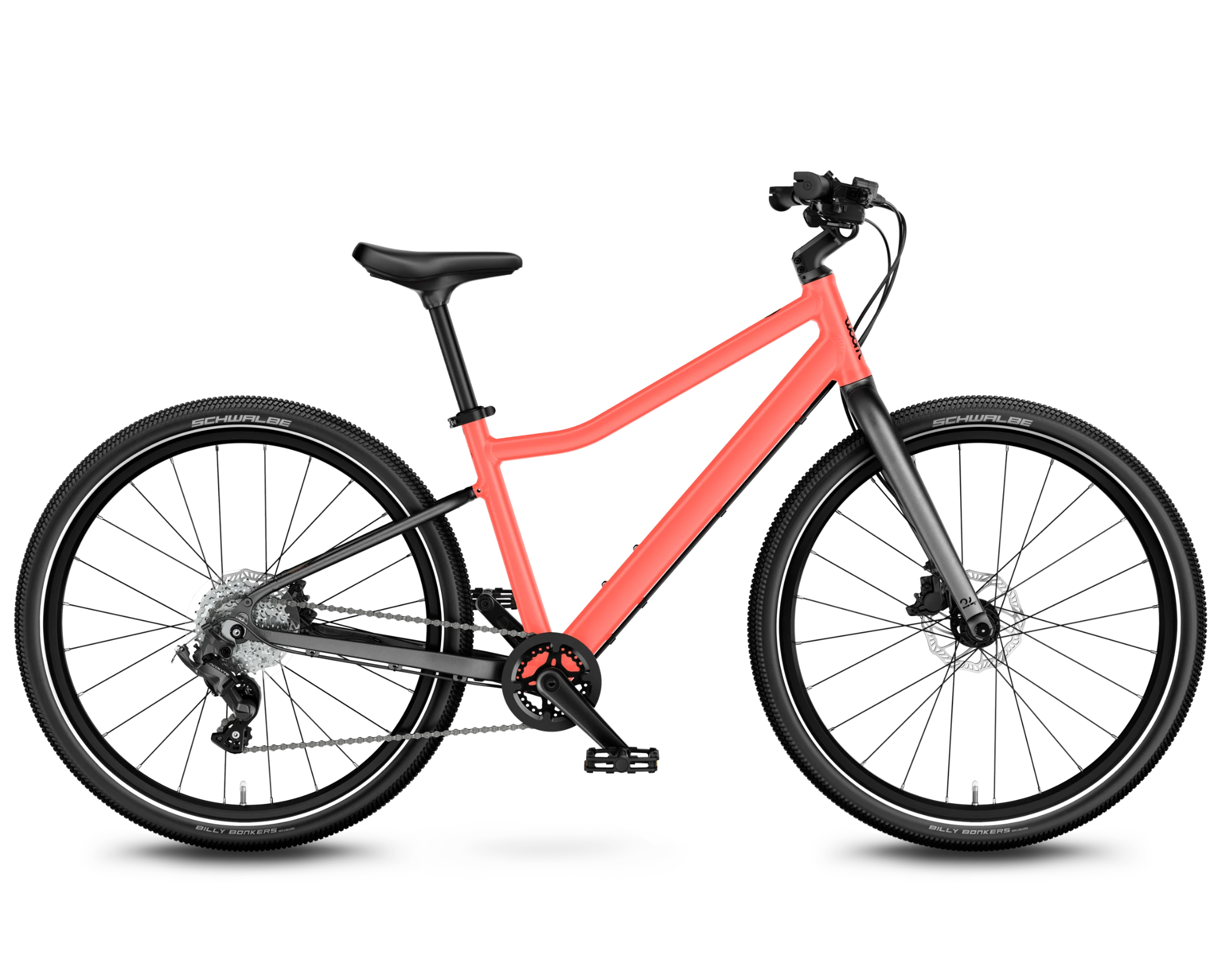 Neon Coral Woom Explore 5 bicycle on a white background
