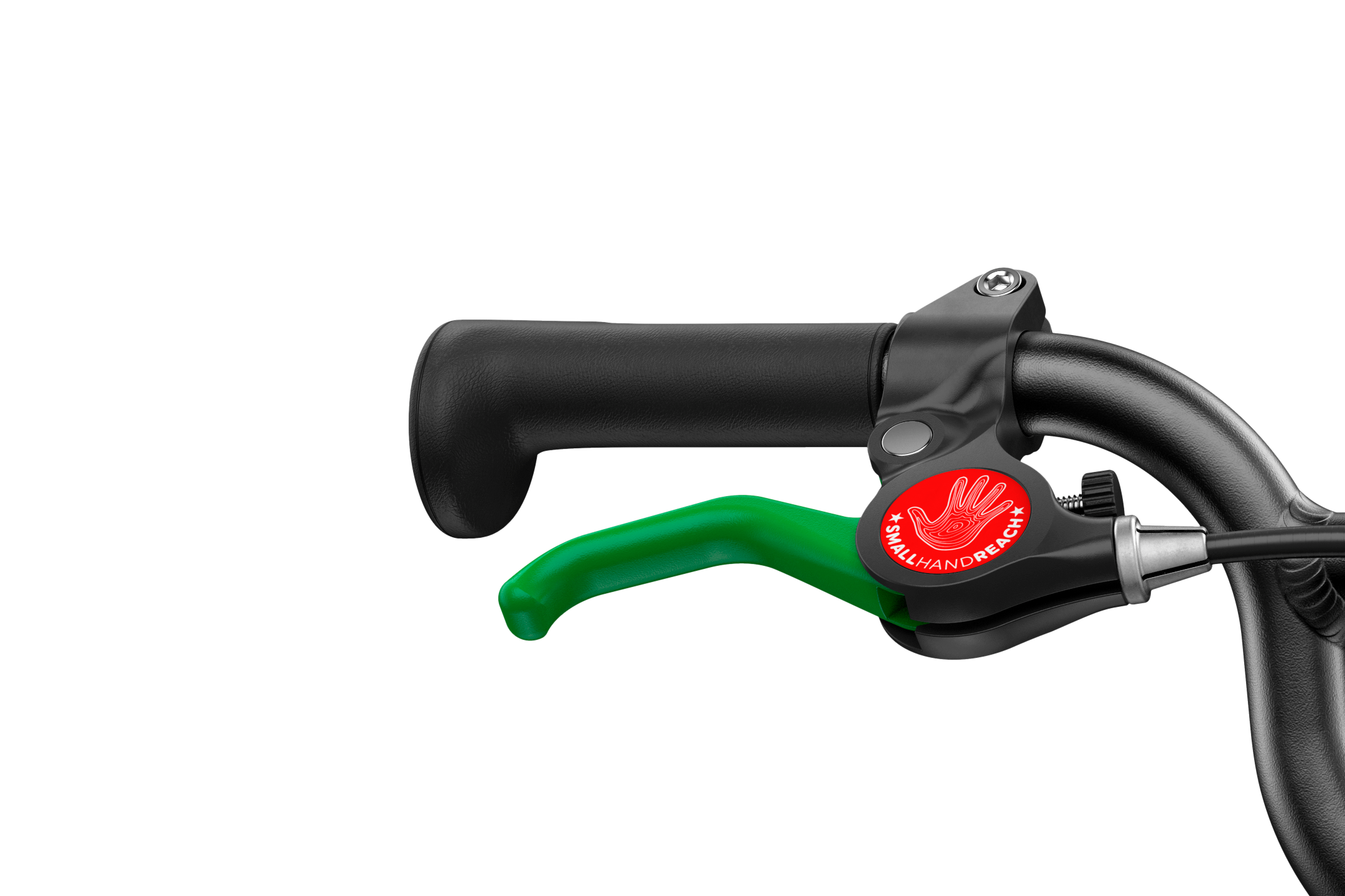 Close-up of a bicycle handlebar with green brake lever and red brake lever indicator on a white background