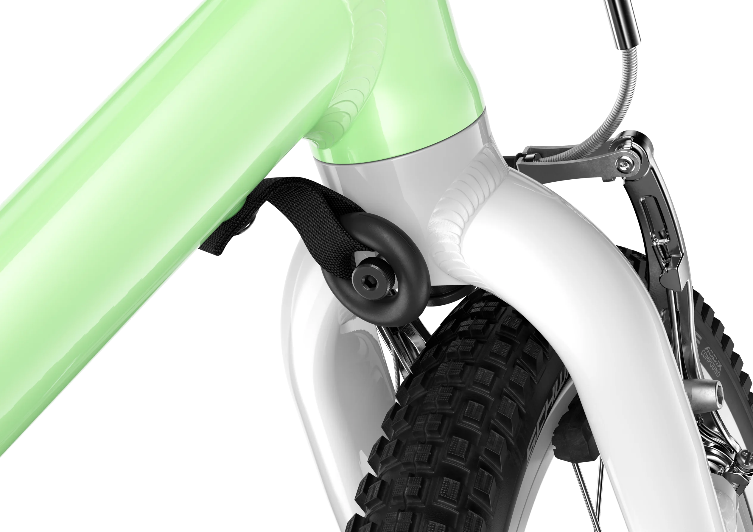 Close-up of a green Woom balance bike frame with a white background