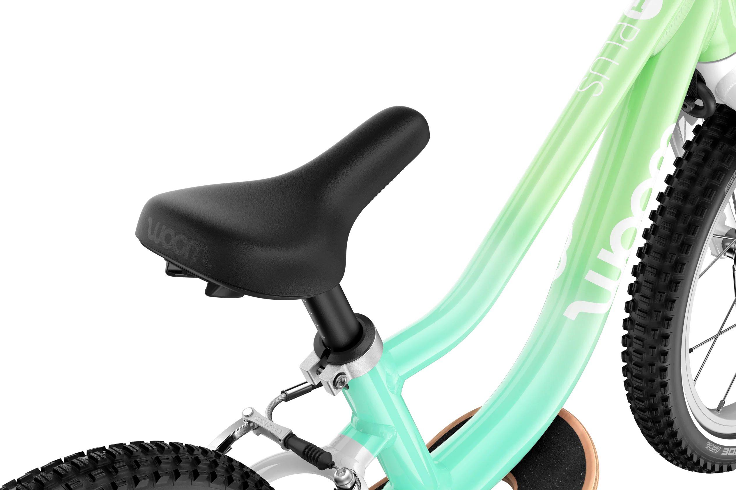 Close-up of a Woom bicycle seat and frame with a gradient colour scheme on a white background