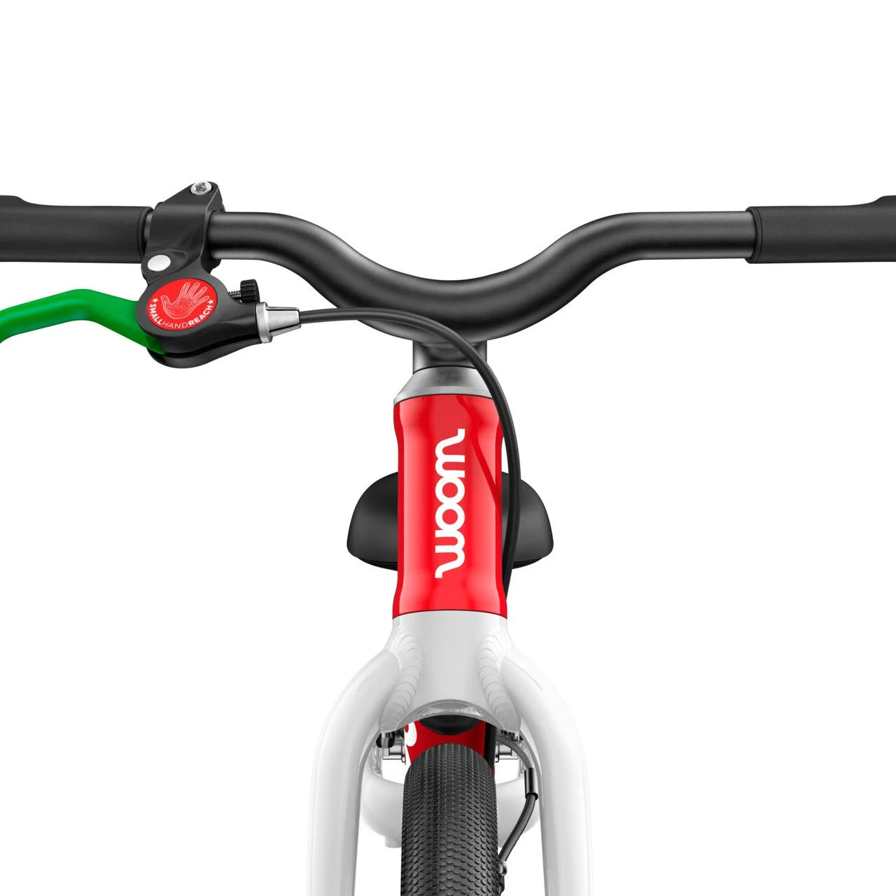 Close-up of a children's Woom balance bike handlebar with 'woom' branding on a white background